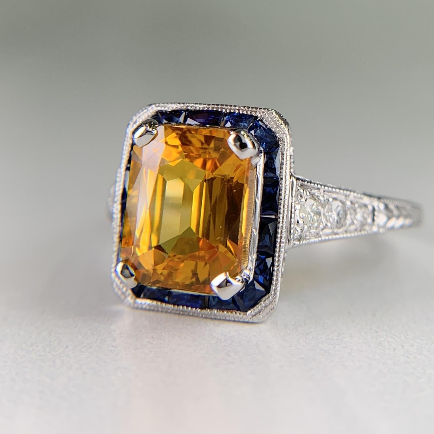 Sapphire and Diamond Art Deco Inspired Ring Platinum