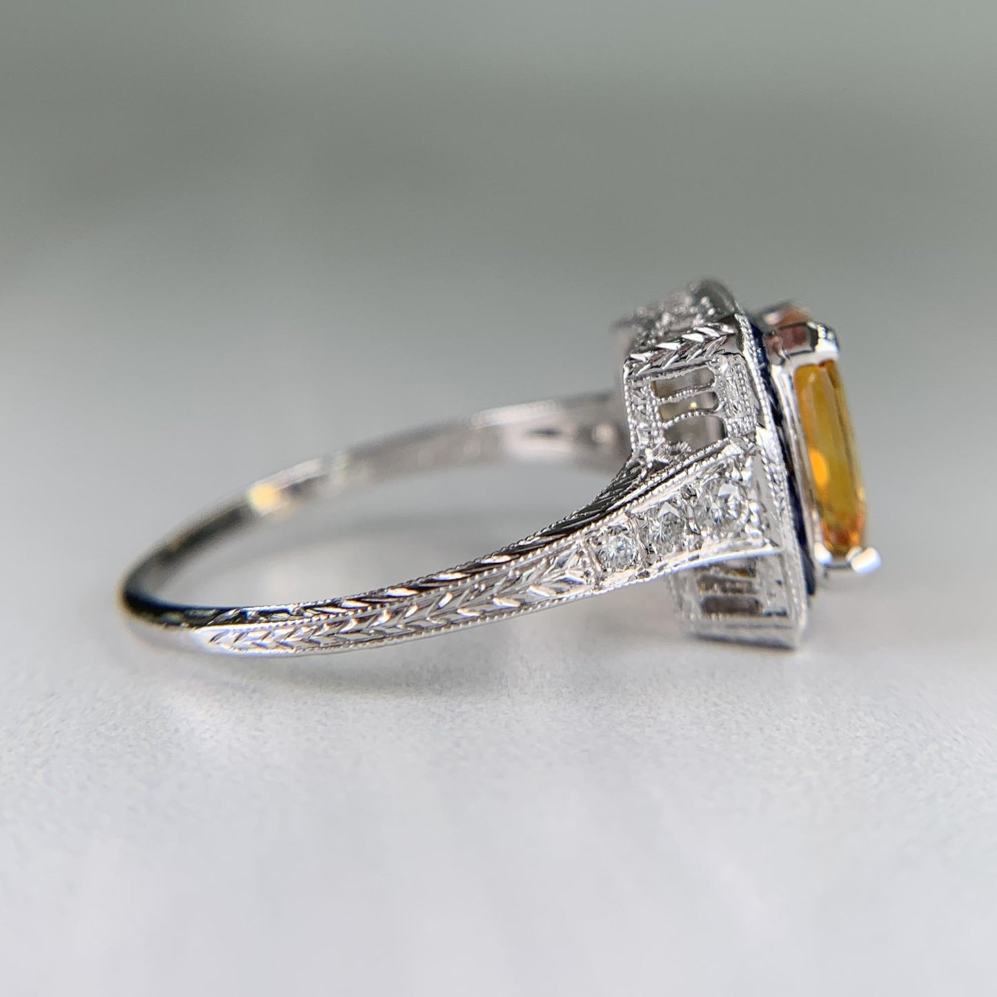 Sapphire and Diamond Art Deco Inspired Ring Platinum