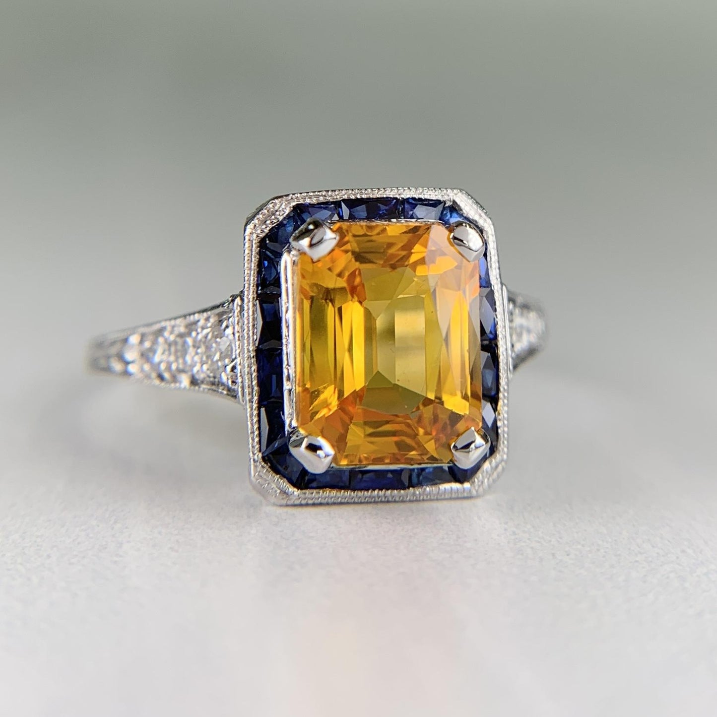 Sapphire and Diamond Art Deco Inspired Ring Platinum