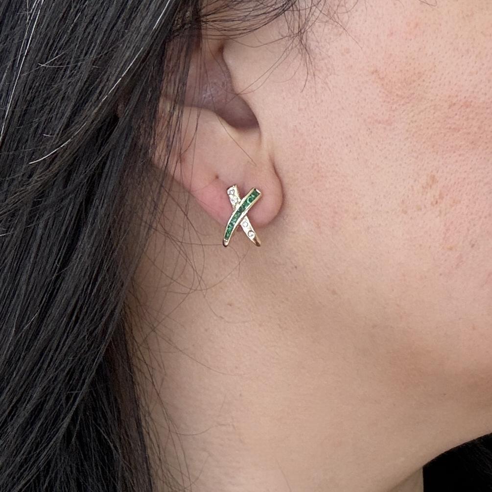 Emerald and Diamond "X" Earrings 14k Yellow Gold