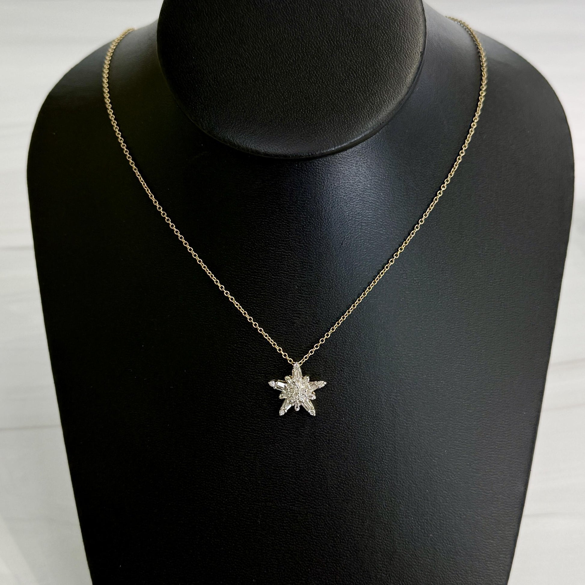 Diamond Star Cluster Necklace 14k White and Yellow Gold