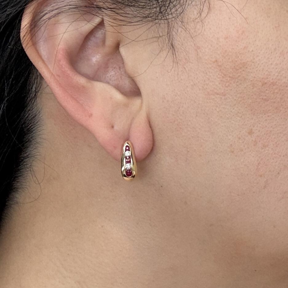 Ruby and Diamond J Shaped Hoop Huggie Earrings 14k Yellow Gold