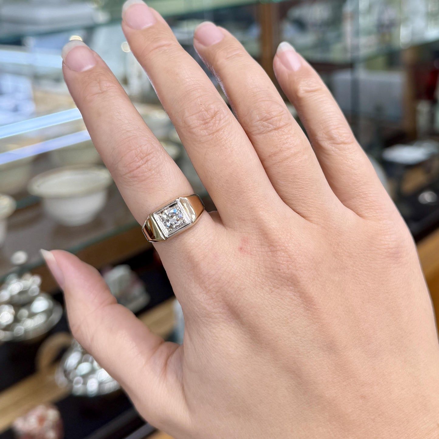1940's Transitional Cut Diamond Ring 14k Two Tone Gold