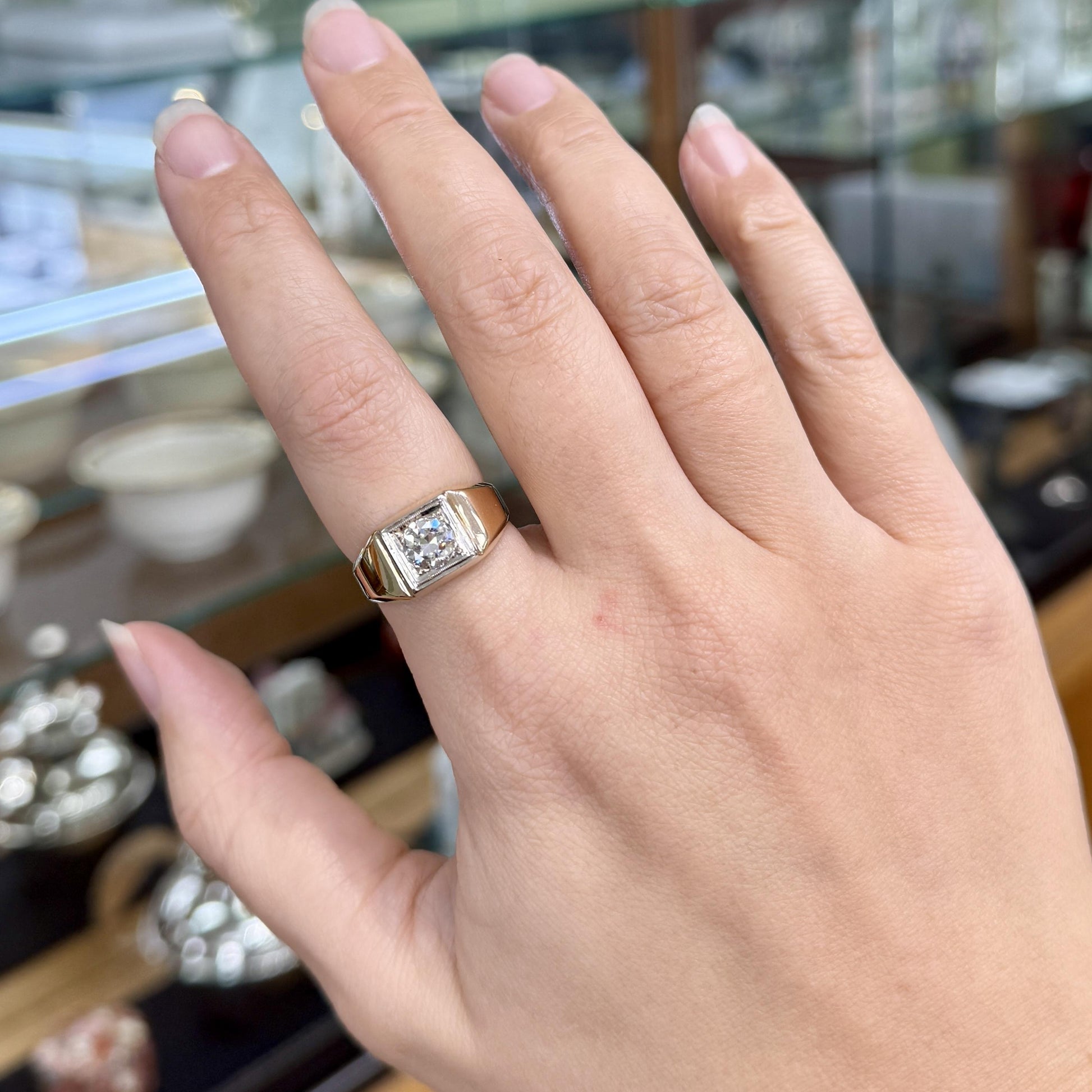 1940's Transitional Cut Diamond Ring 14k Two Tone Gold