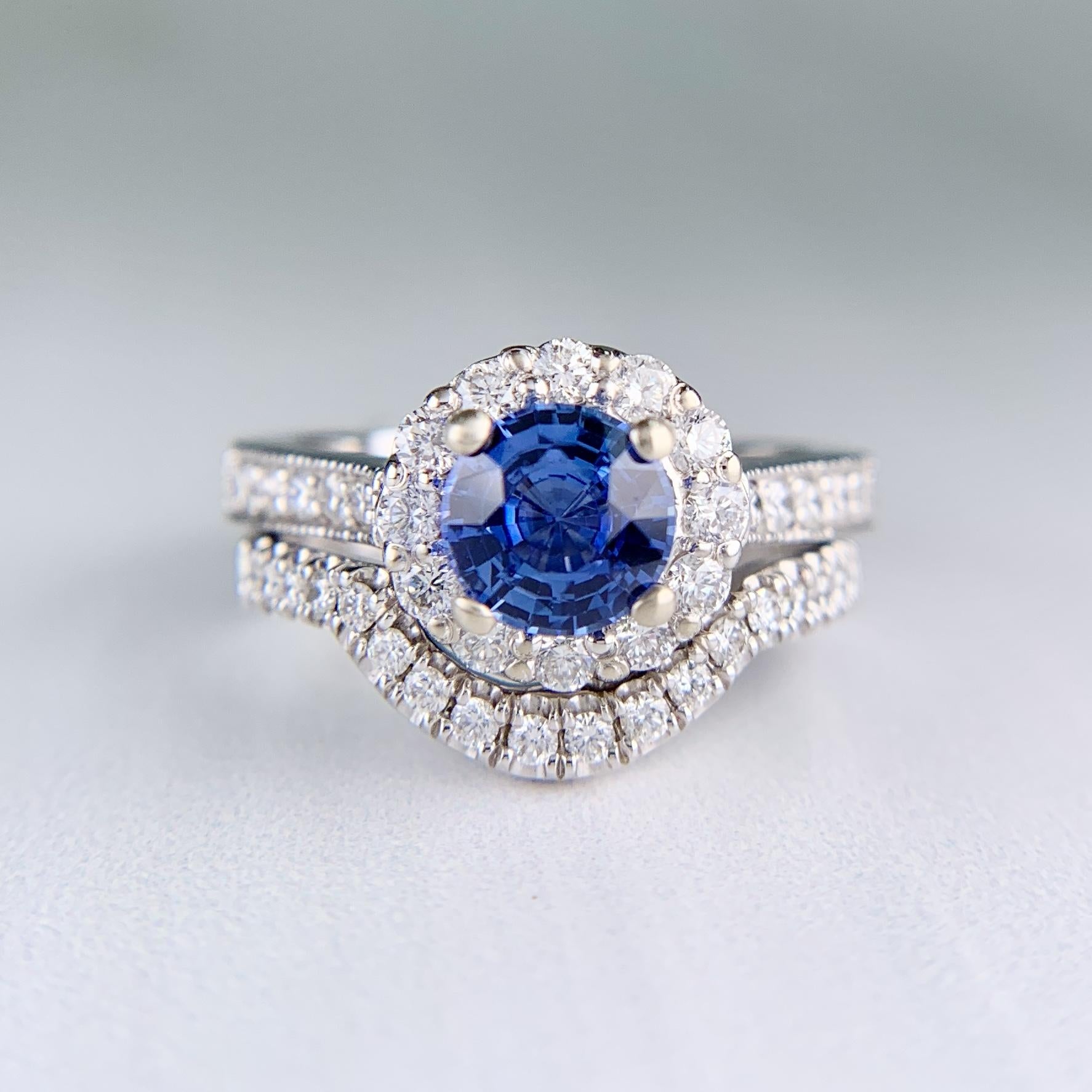 Ceylon Sapphire and Diamond Bridal Set Rings 14k White Gold