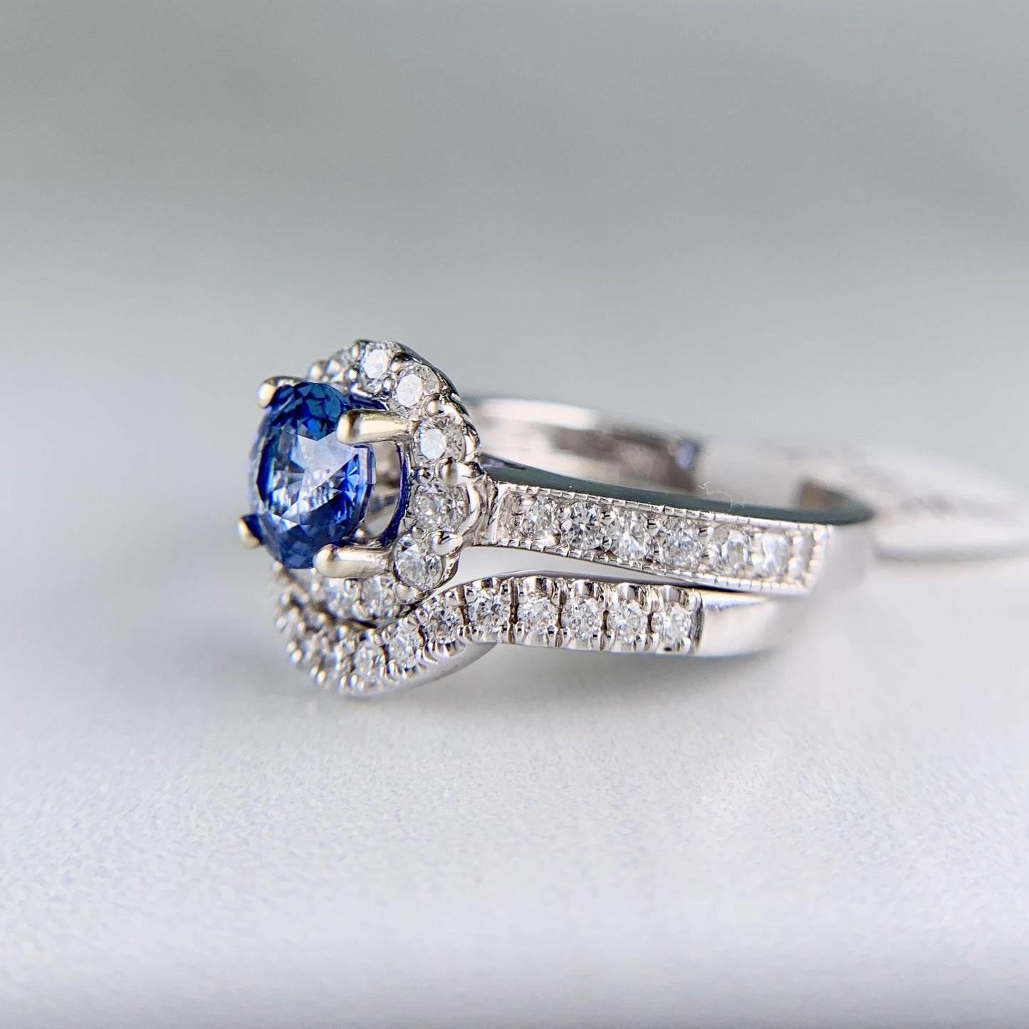 Ceylon Sapphire and Diamond Bridal Set Rings 14k White Gold