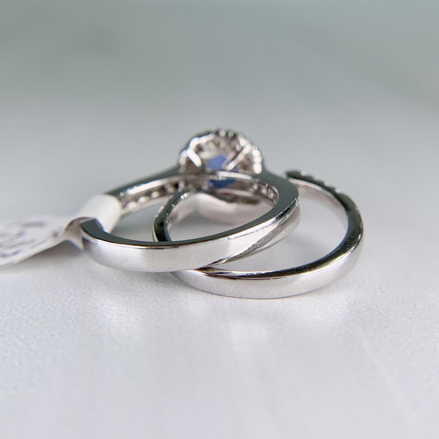 Ceylon Sapphire and Diamond Bridal Set Rings 14k White Gold