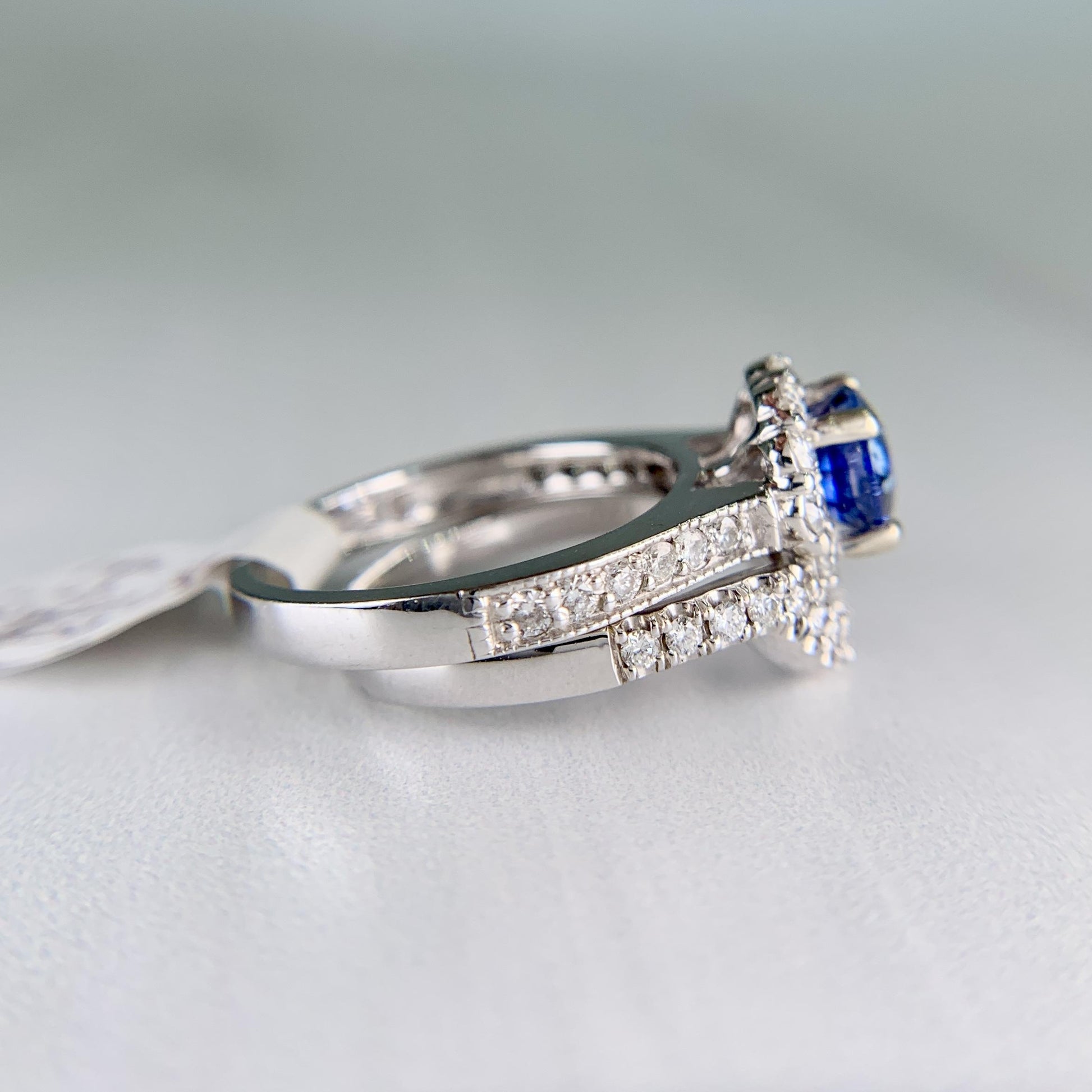 Ceylon Sapphire and Diamond Bridal Set Rings 14k White Gold