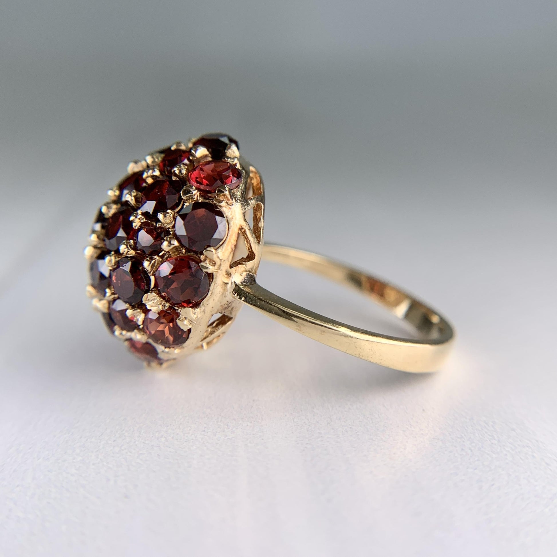 Vintage 1970's Red Garnet Cluster Ring 18k Yellow Gold