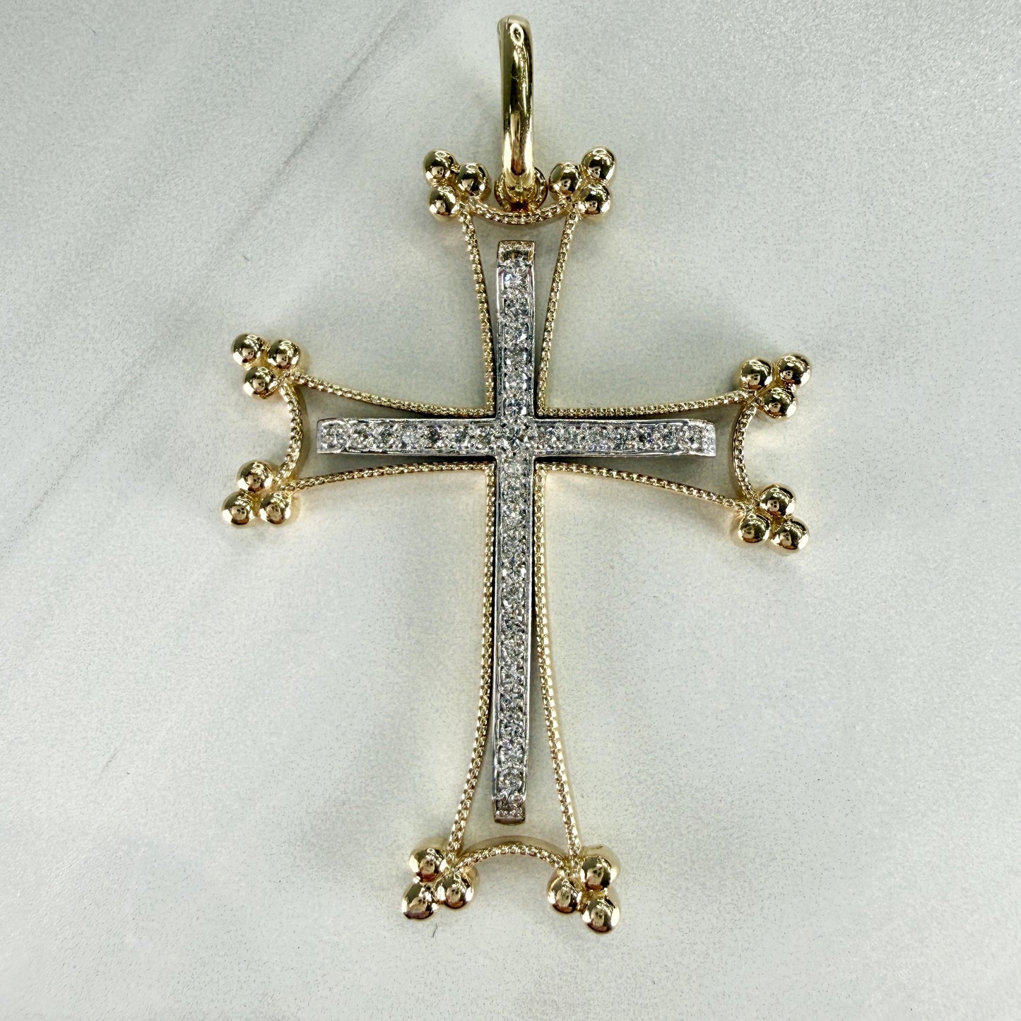 Large Two Tone Diamond Cross Pendant 14/18k Gold