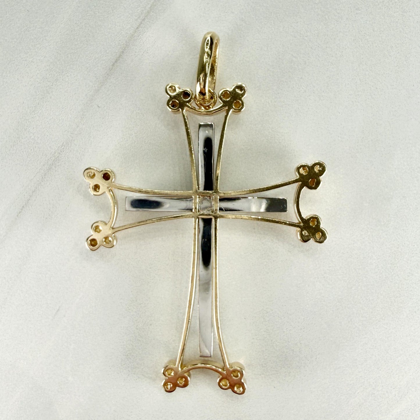 Large Two Tone Diamond Cross Pendant 14/18k Gold