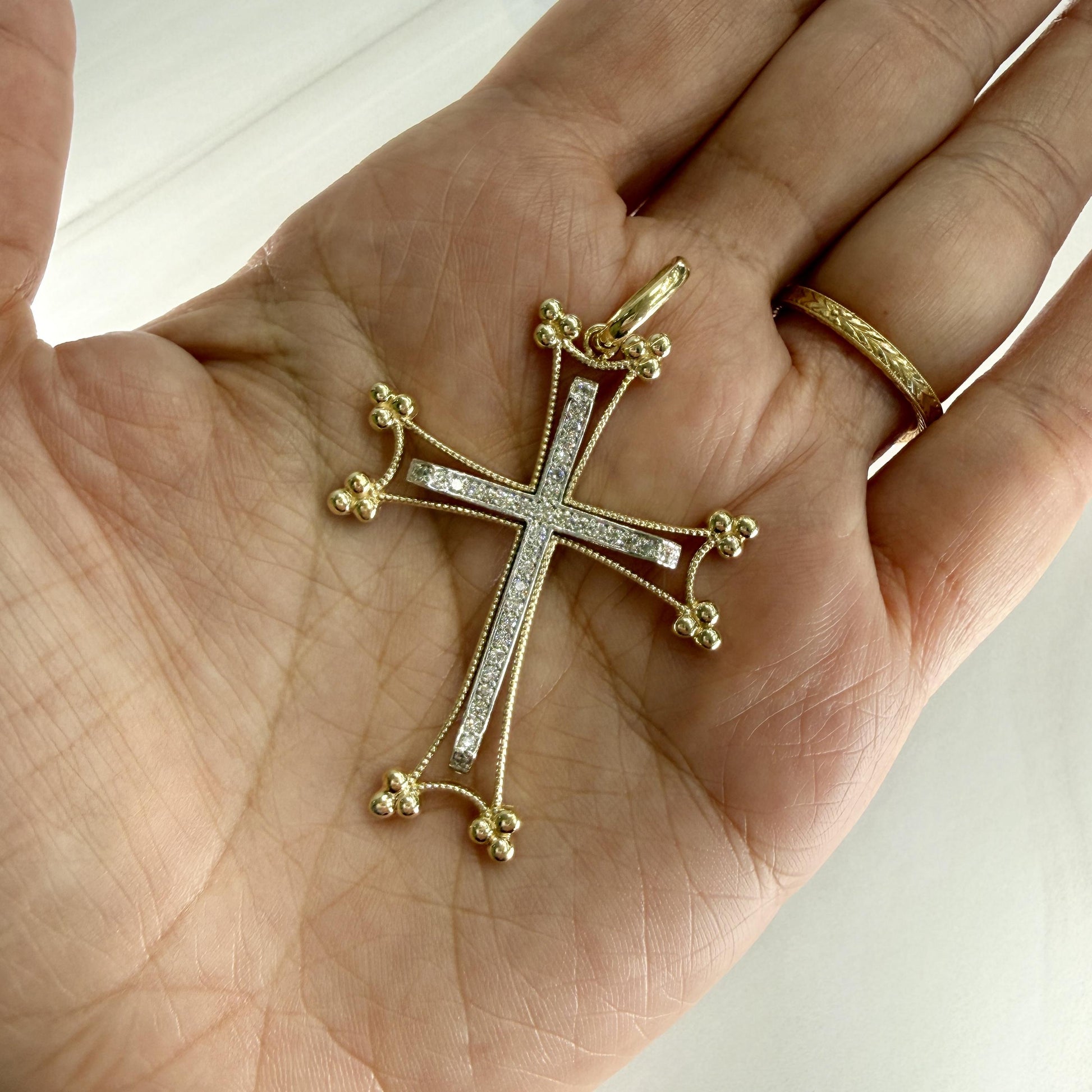 Large Two Tone Diamond Cross Pendant 14/18k Gold