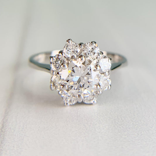 Vintage Diamond Halo Engagement Ring 18k White Gold