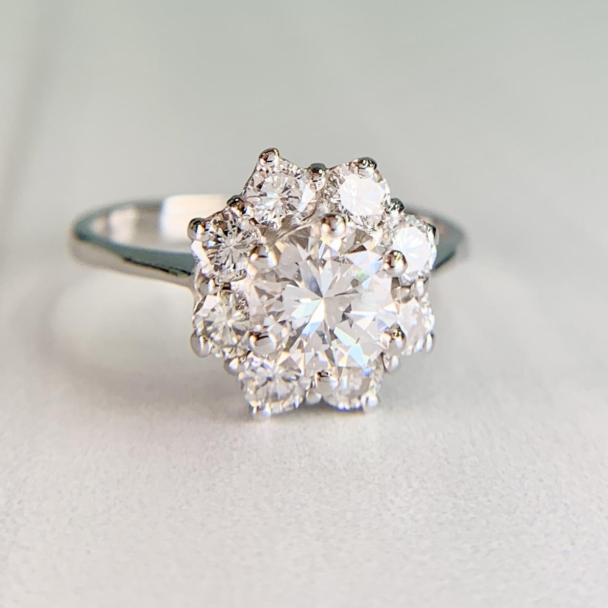 Vintage Diamond Halo Engagement Ring 18k White Gold