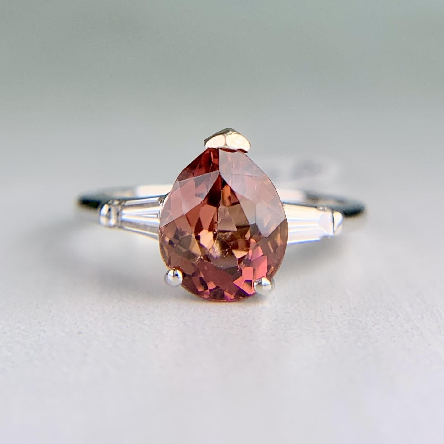 Vintage Pink Tourmaline Pear and Diamond Baguette Ring Platinum