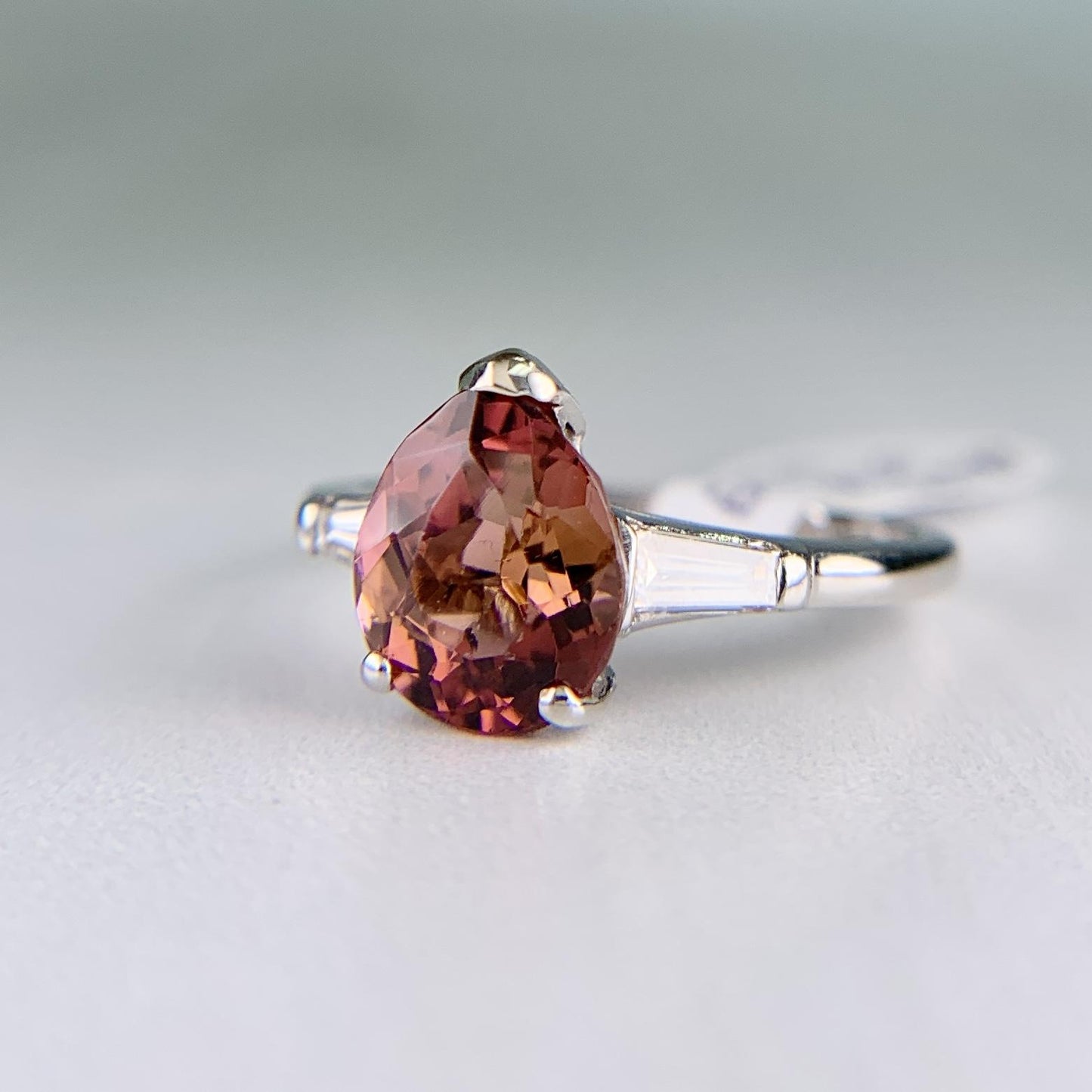 Vintage Pink Tourmaline Pear and Diamond Baguette Ring Platinum