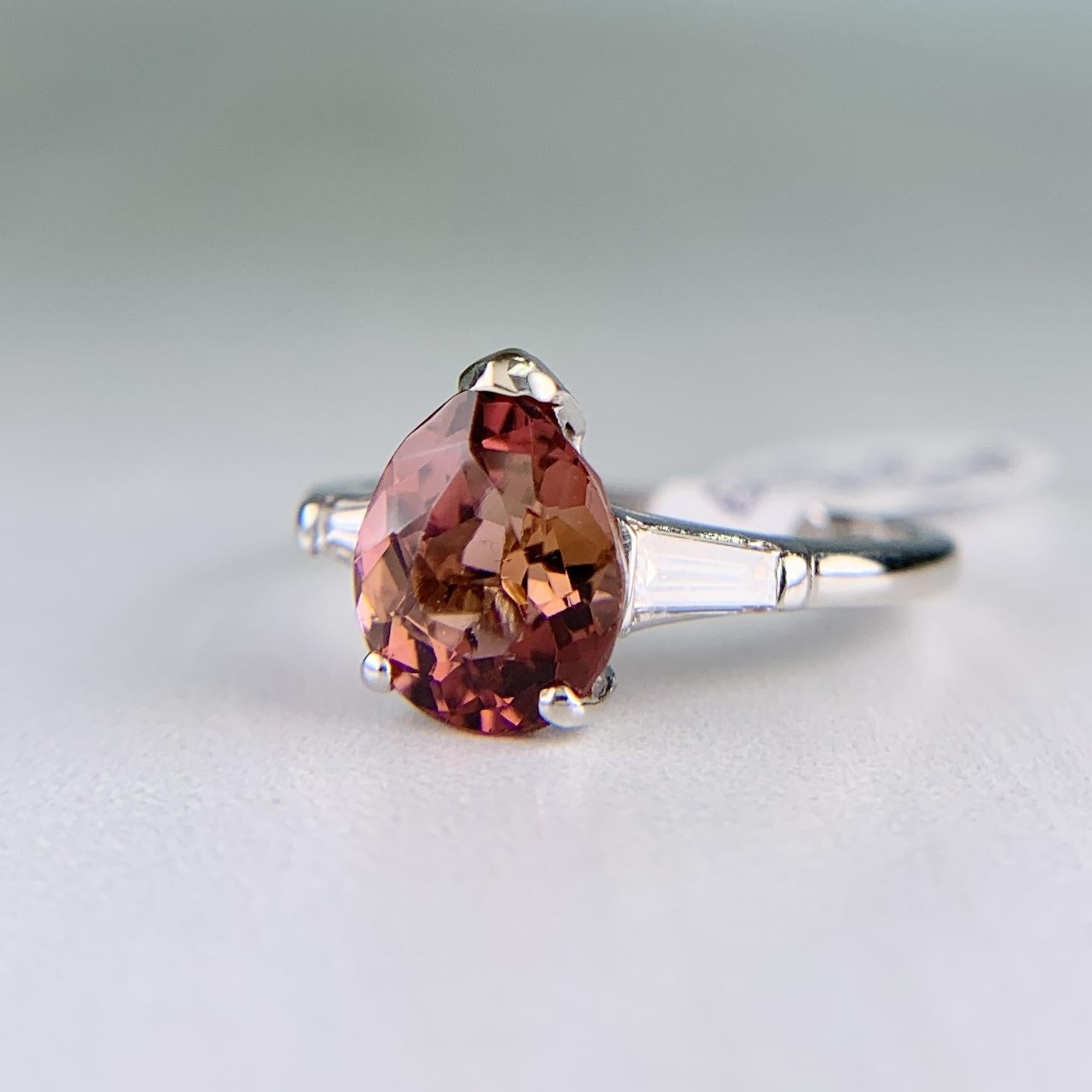 Vintage Pink Tourmaline Pear and Diamond Baguette Ring Platinum