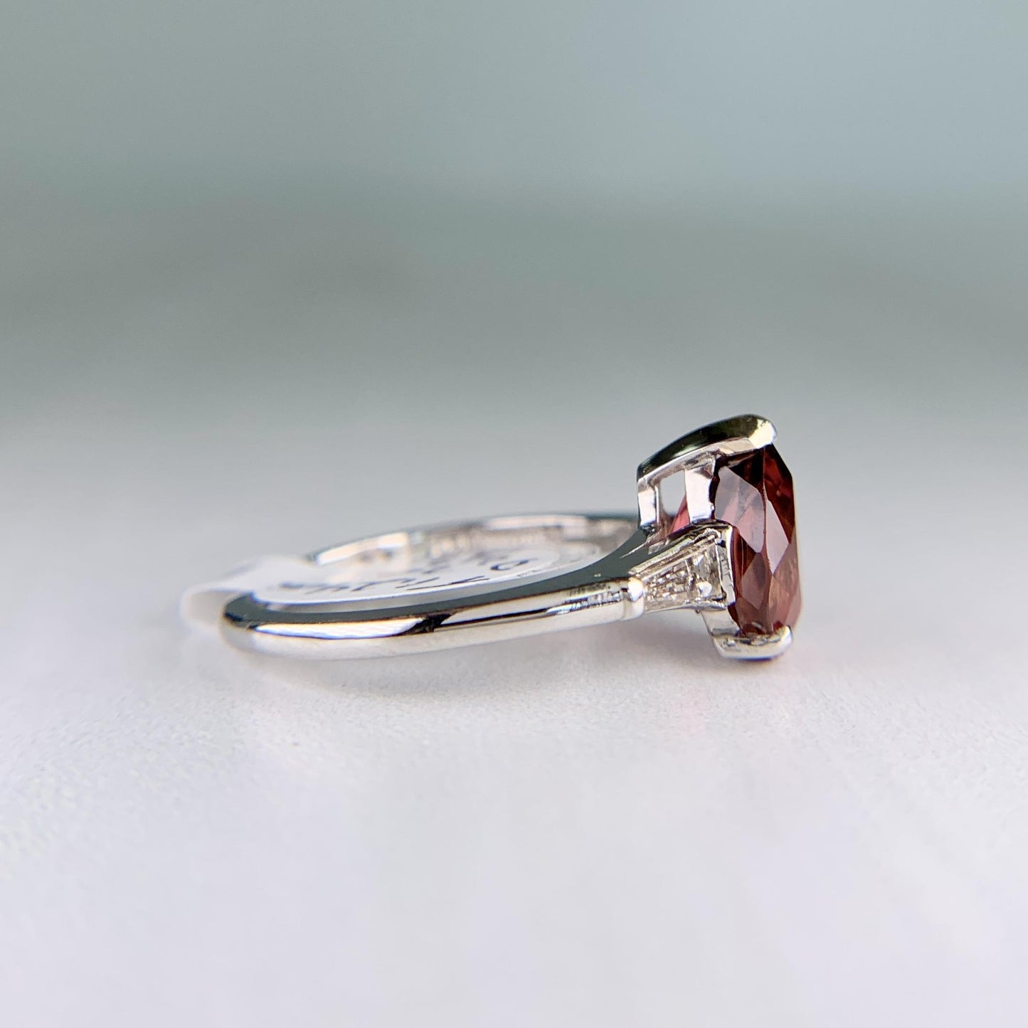 Vintage Pink Tourmaline Pear and Diamond Baguette Ring Platinum
