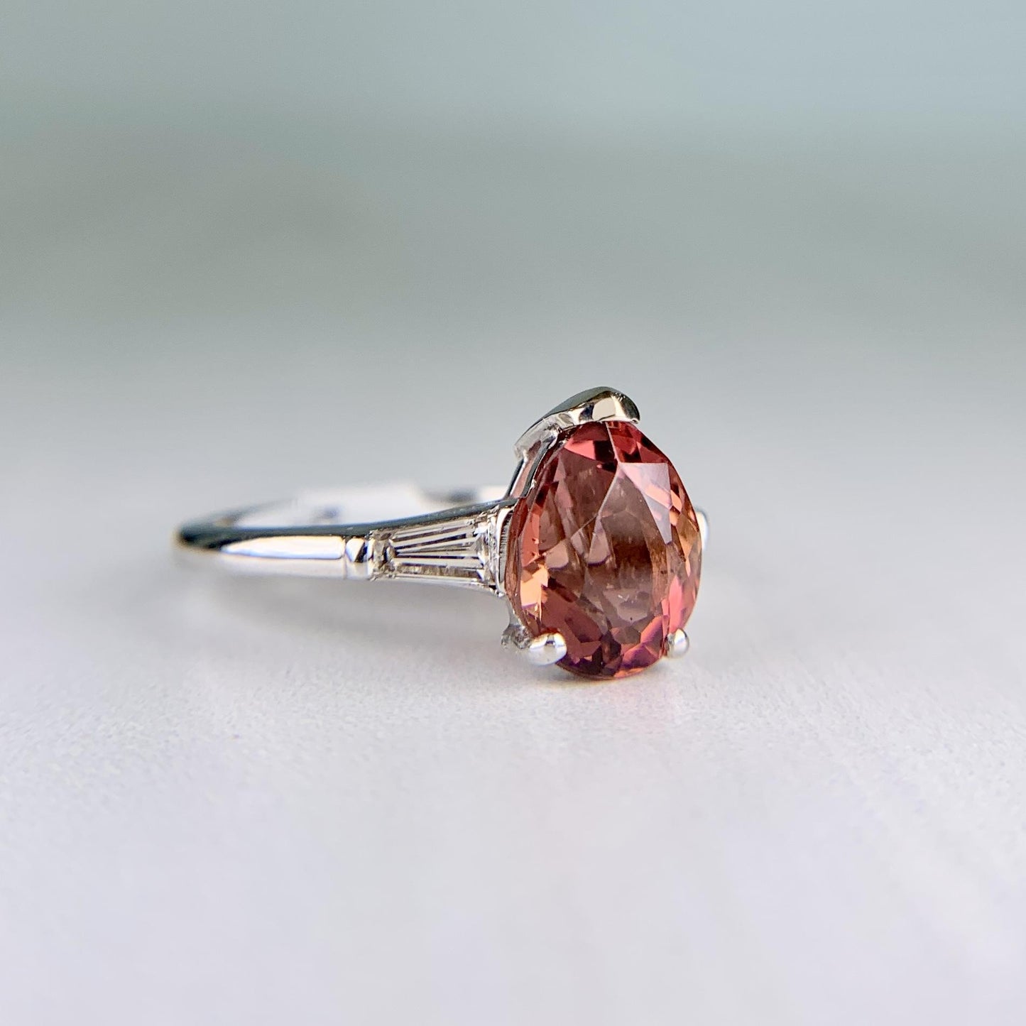 Vintage Pink Tourmaline Pear and Diamond Baguette Ring Platinum
