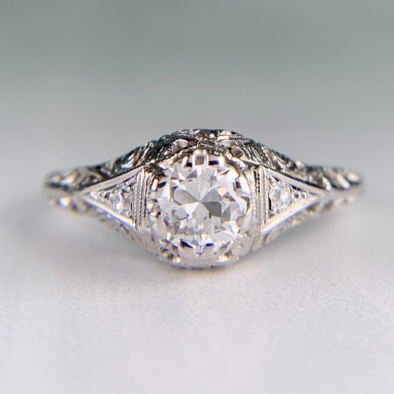 Antique 1914 Art Deco Transitional Diamond Filigree Ring 18k White Gold