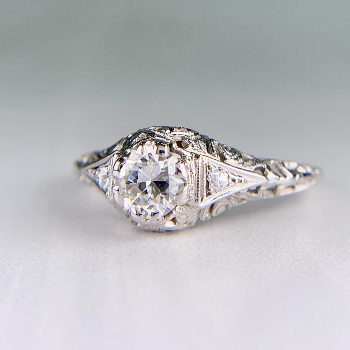Antique 1914 Art Deco Transitional Diamond Filigree Ring 18k White Gold