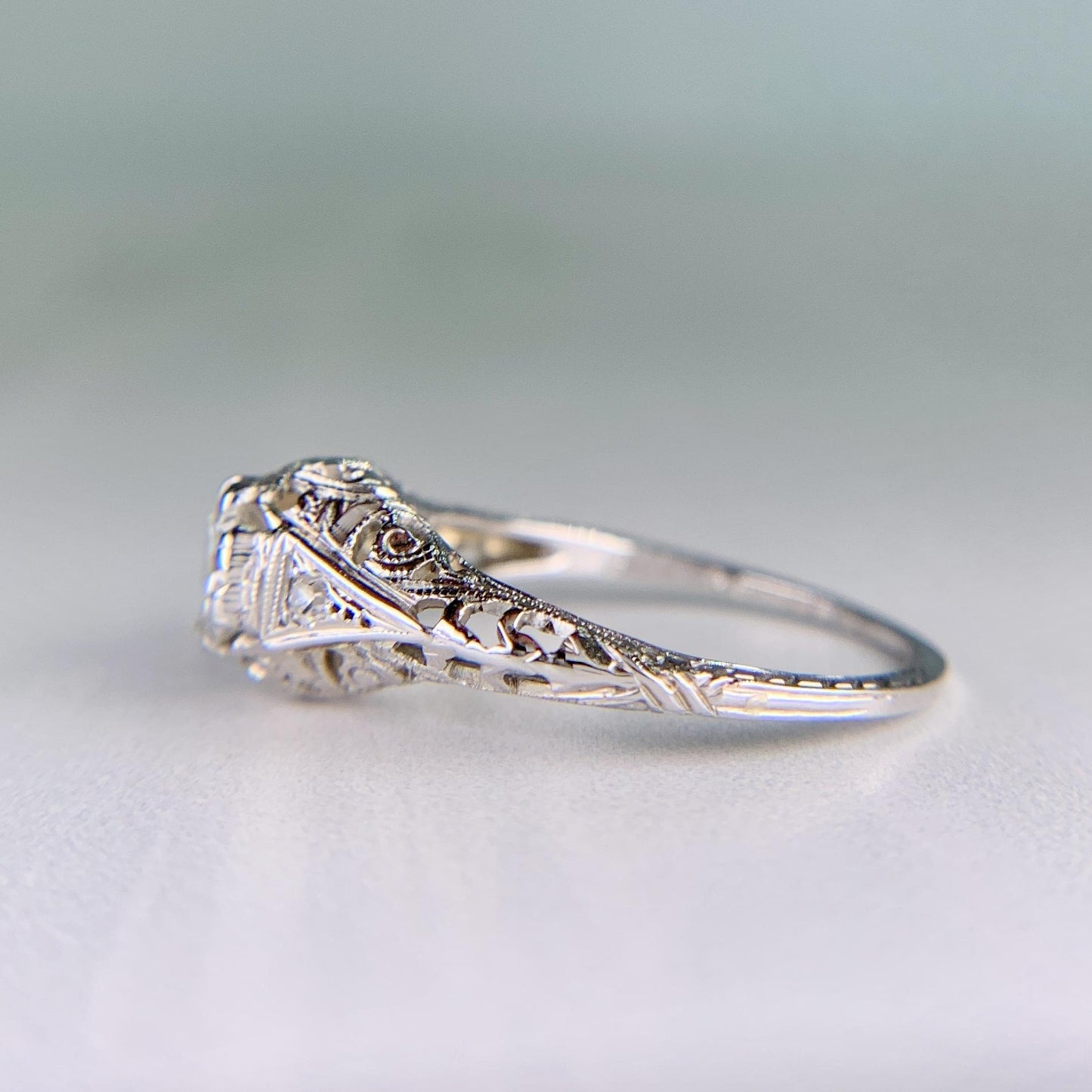Antique 1914 Art Deco Transitional Diamond Filigree Ring 18k White Gold