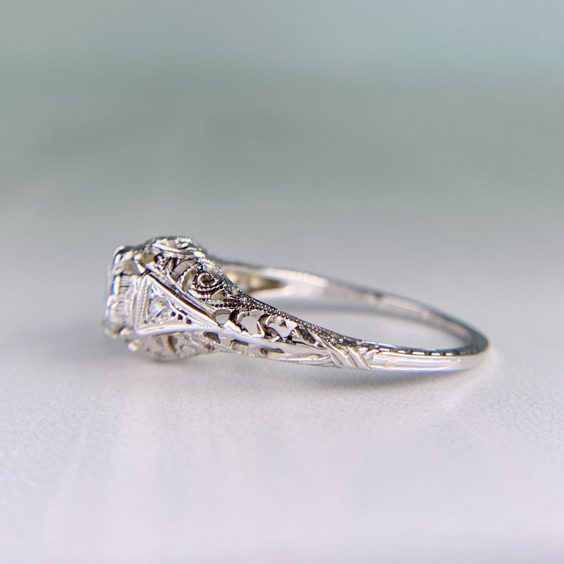 Antique 1914 Art Deco Transitional Diamond Filigree Ring 18k White Gold