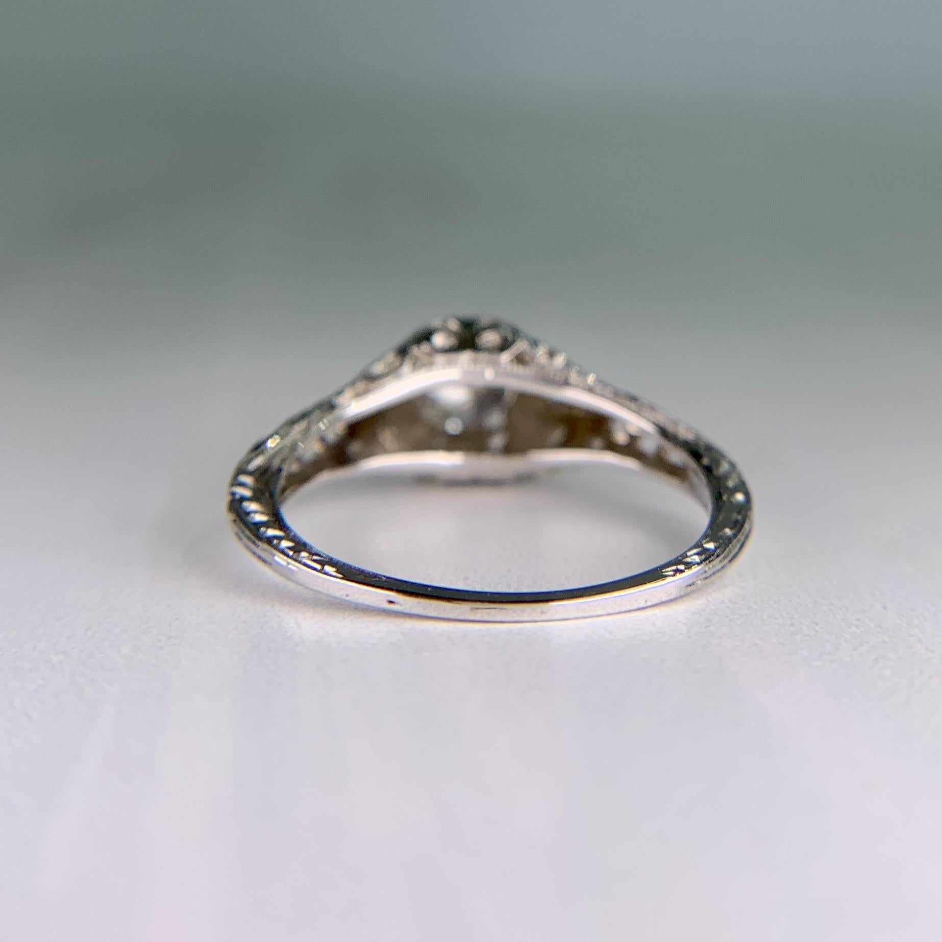 Antique 1914 Art Deco Transitional Diamond Filigree Ring 18k White Gold