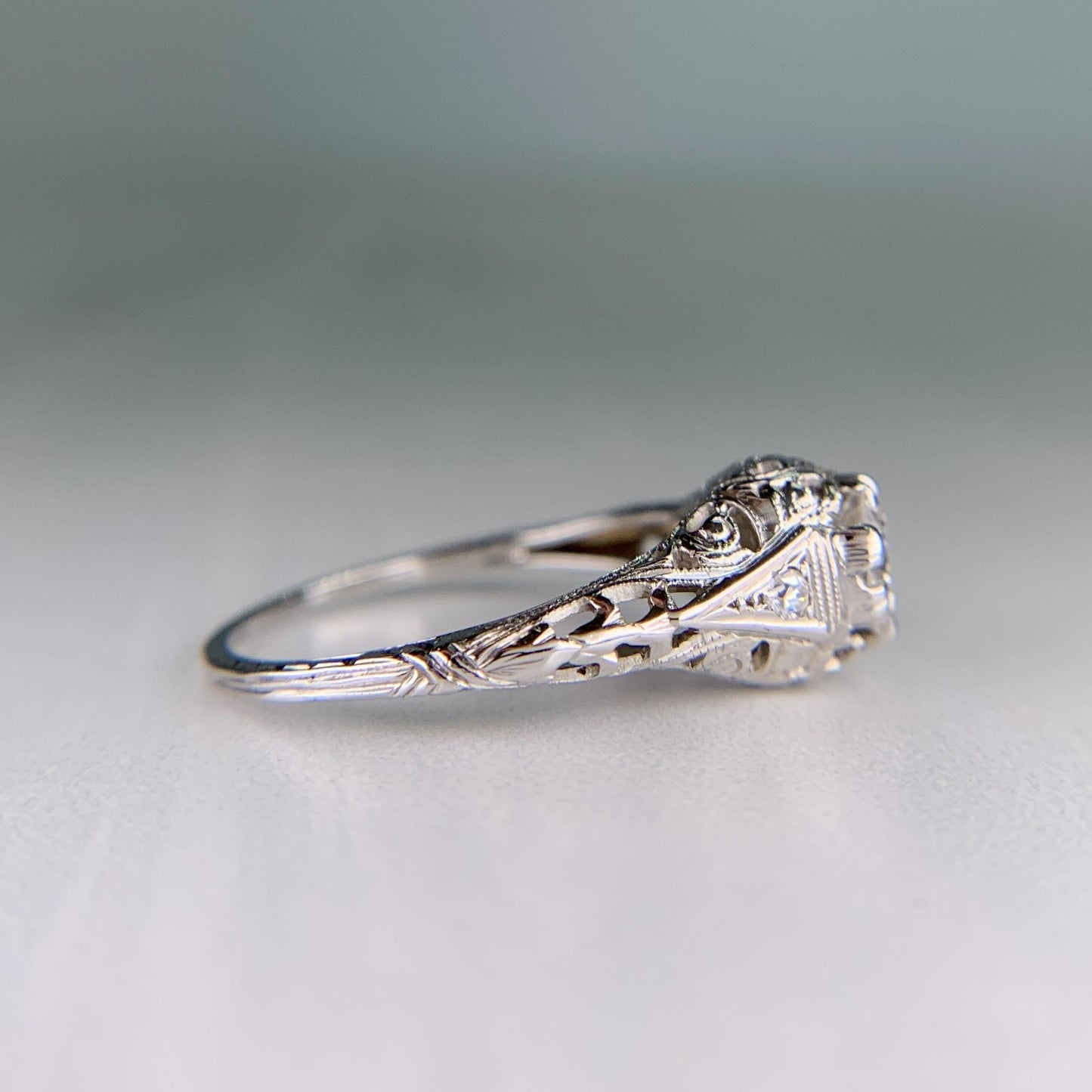 Antique 1914 Art Deco Transitional Diamond Filigree Ring 18k White Gold