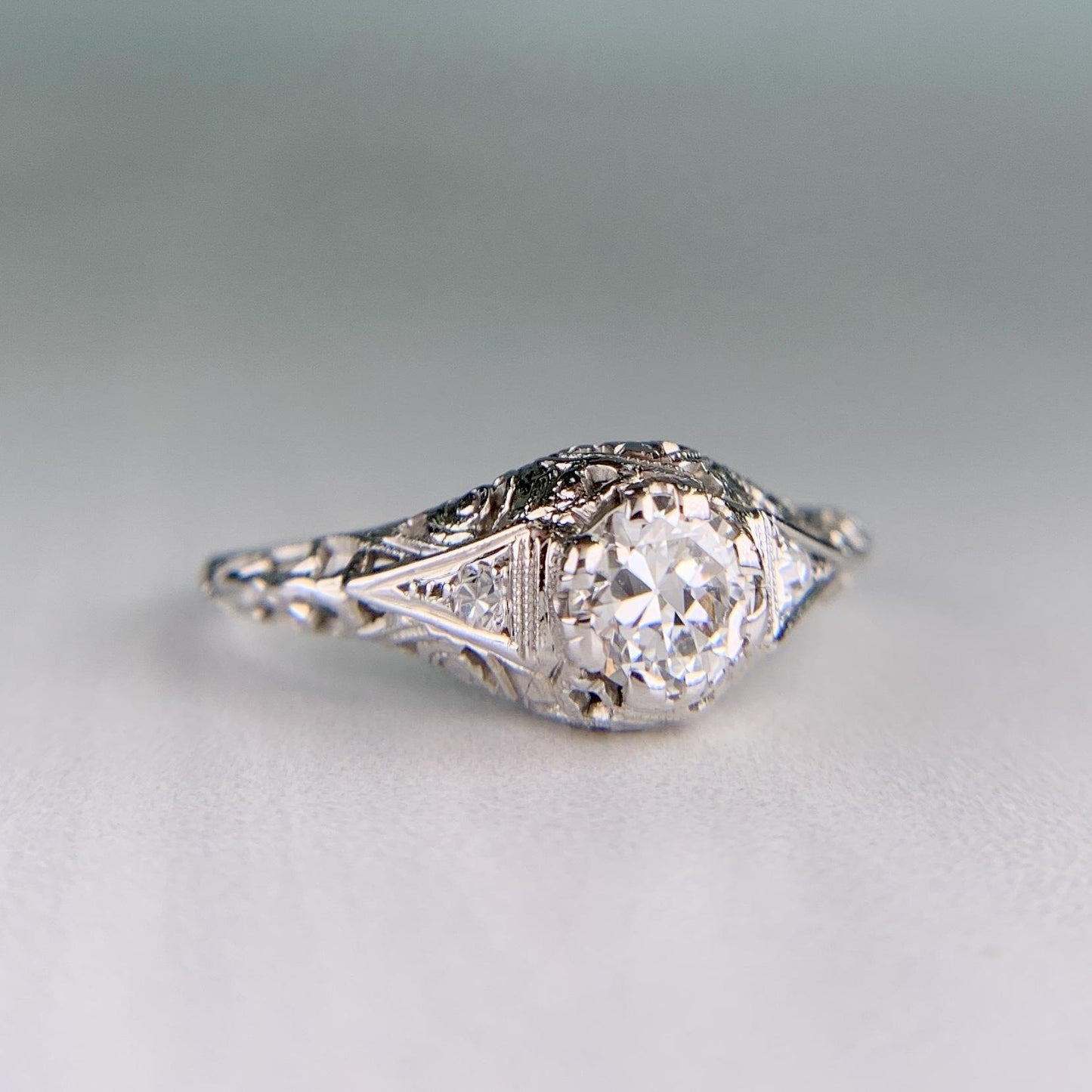 Antique 1914 Art Deco Transitional Diamond Filigree Ring 18k White Gold