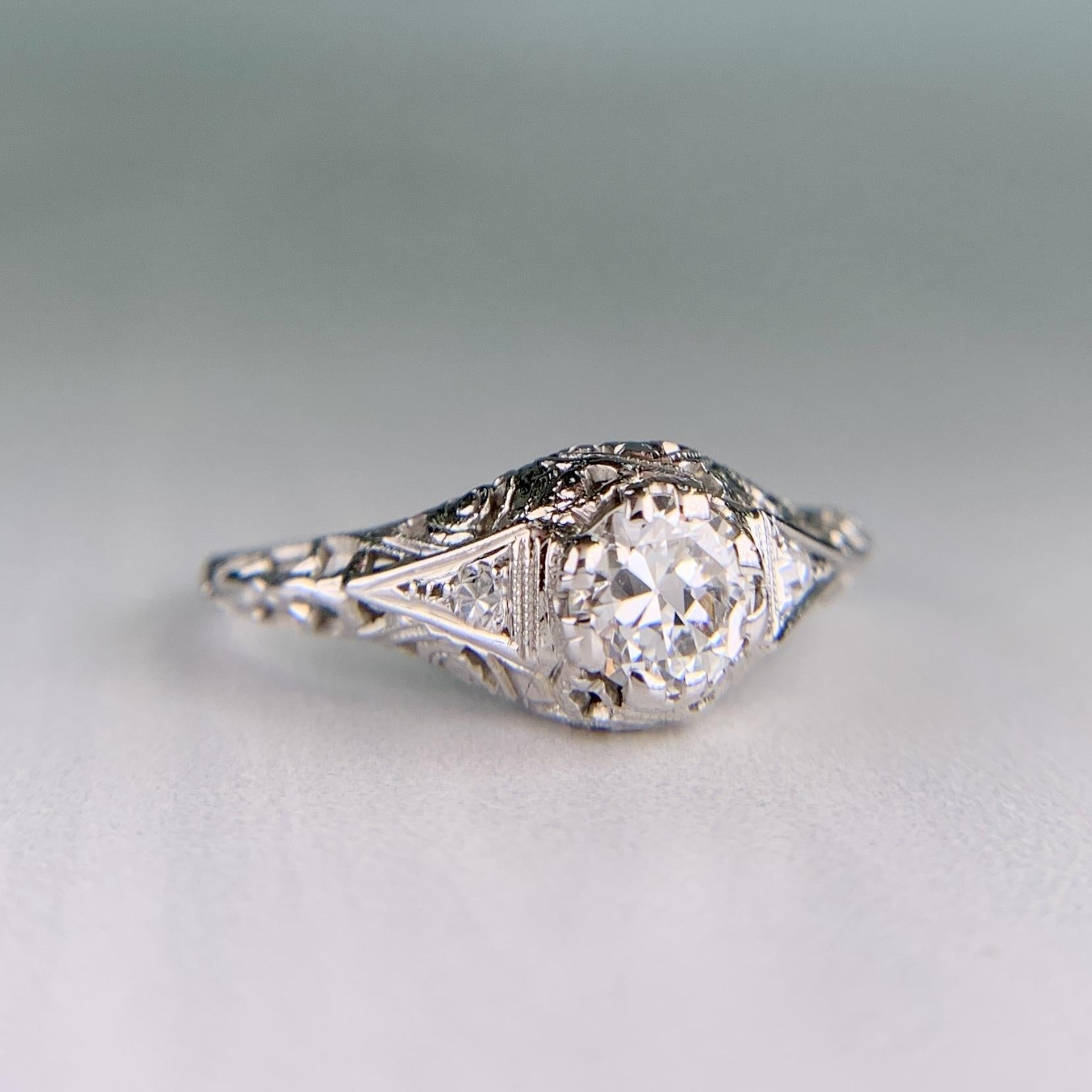 Antique 1914 Art Deco Transitional Diamond Filigree Ring 18k White Gold