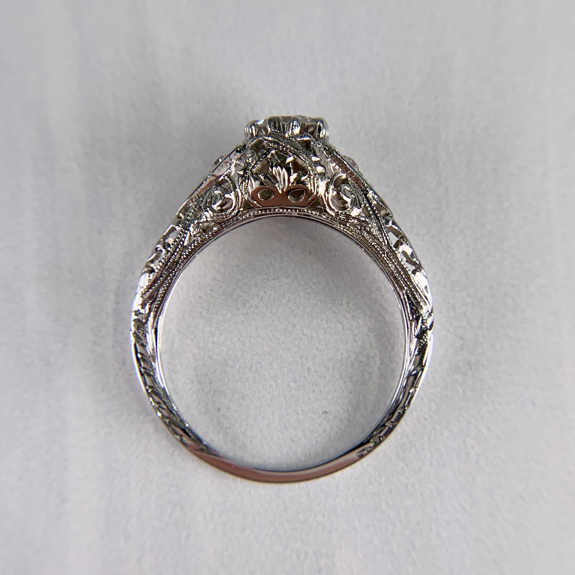 Antique 1914 Art Deco Transitional Diamond Filigree Ring 18k White Gold
