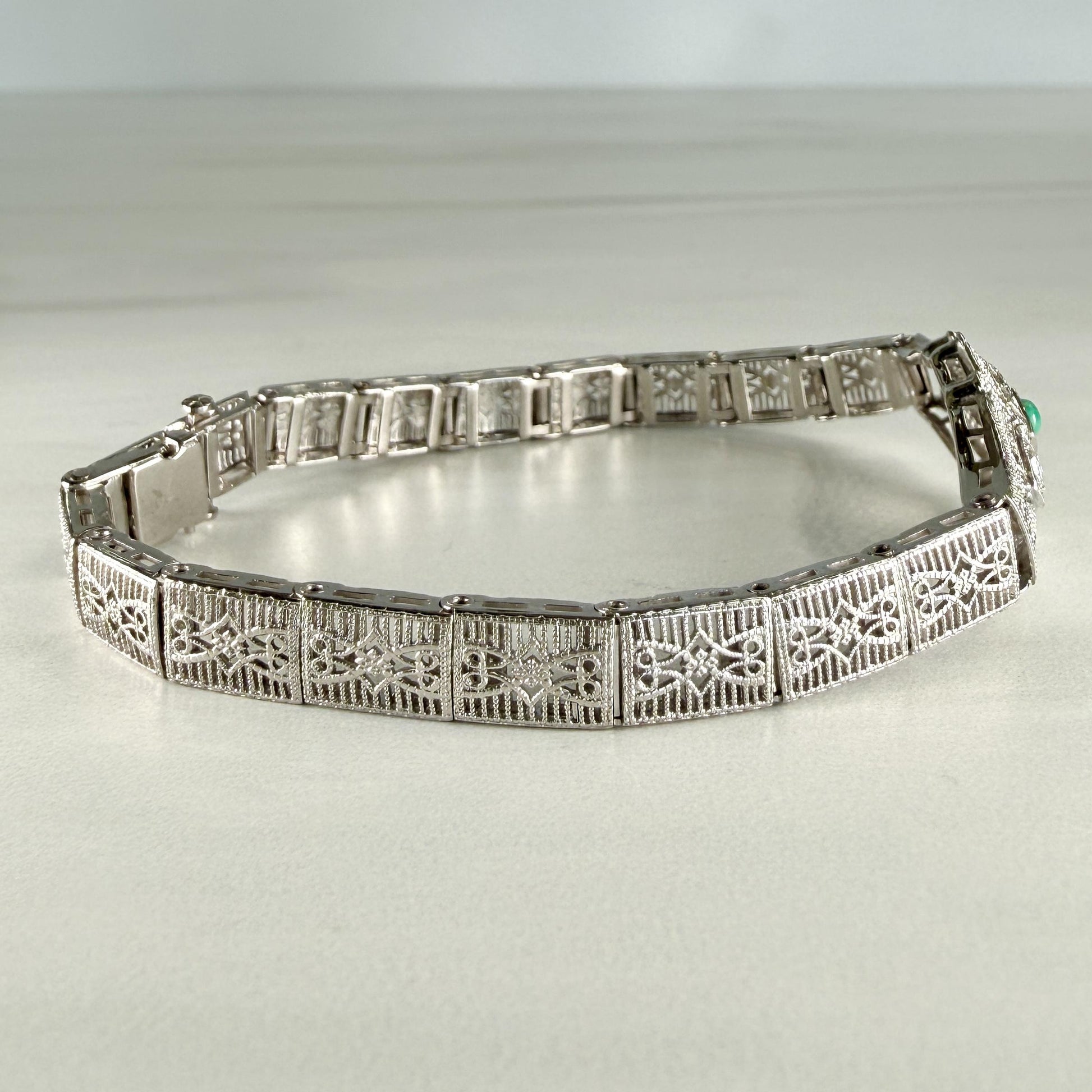 1930's Art Deco Filigree Turquoise and Old European Diamond Bracelet 14k WG