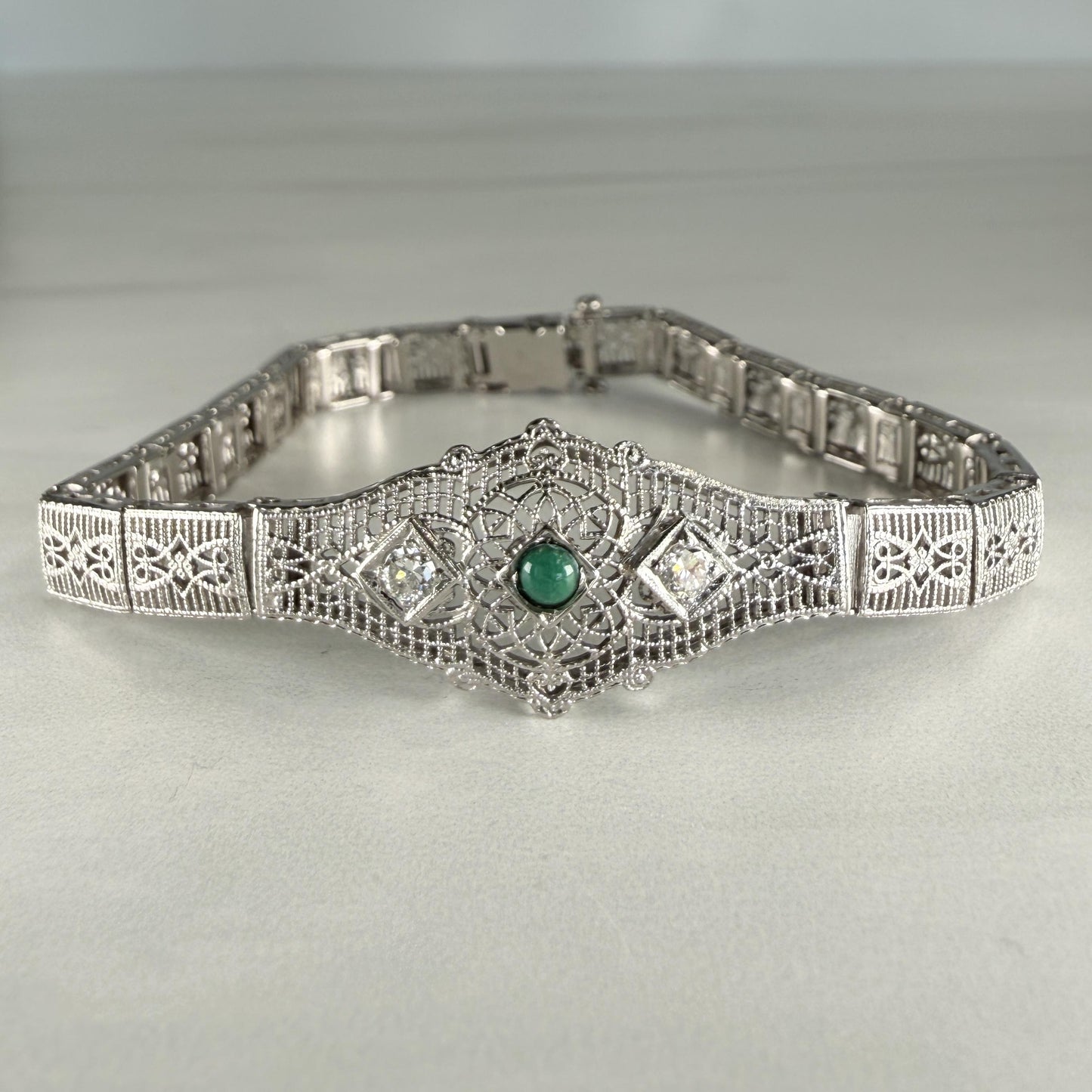 1930's Art Deco Filigree Turquoise and Old European Diamond Bracelet 14k WG