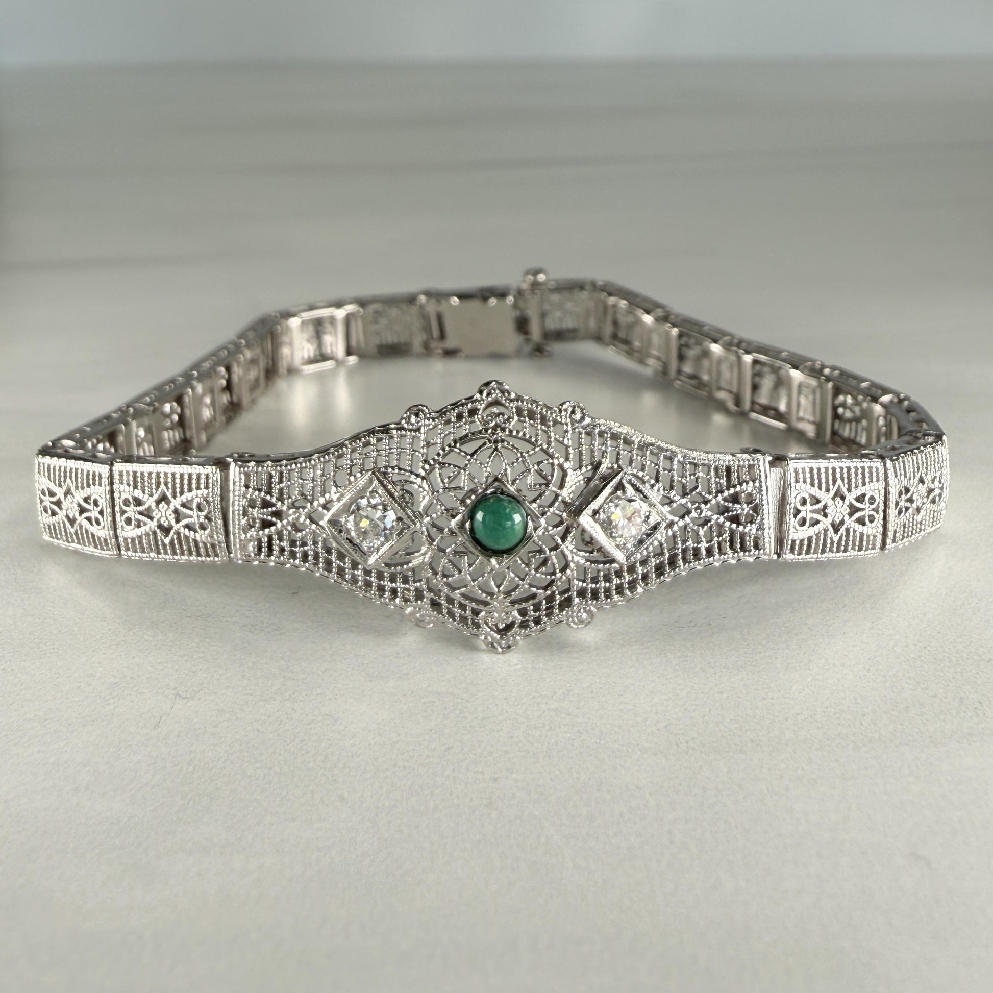 1930's Art Deco Filigree Turquoise and Old European Diamond Bracelet 14k WG