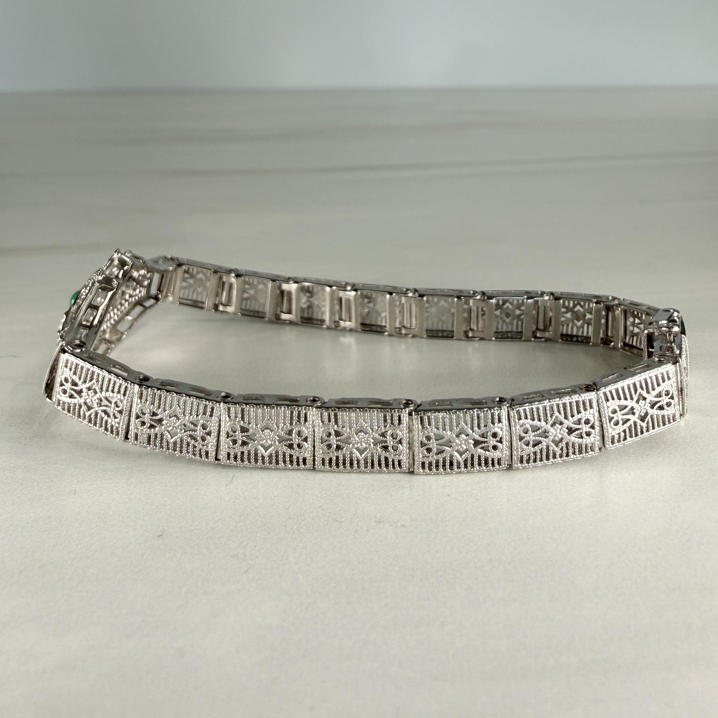 1930's Art Deco Filigree Turquoise and Old European Diamond Bracelet 14k WG