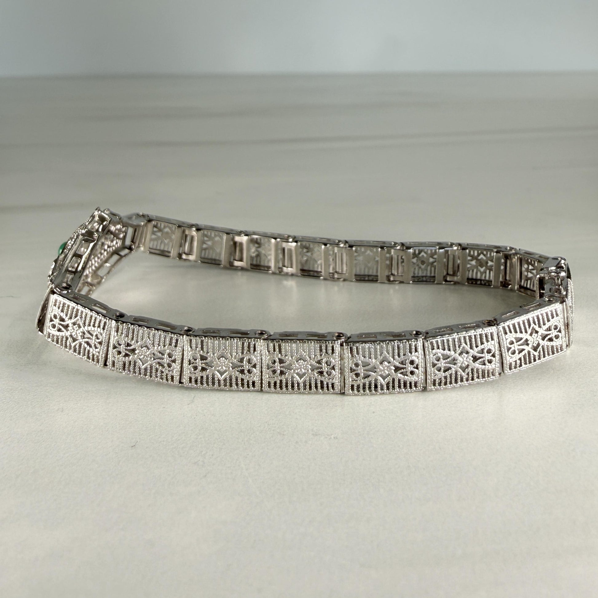 1930's Art Deco Filigree Turquoise and Old European Diamond Bracelet 14k WG