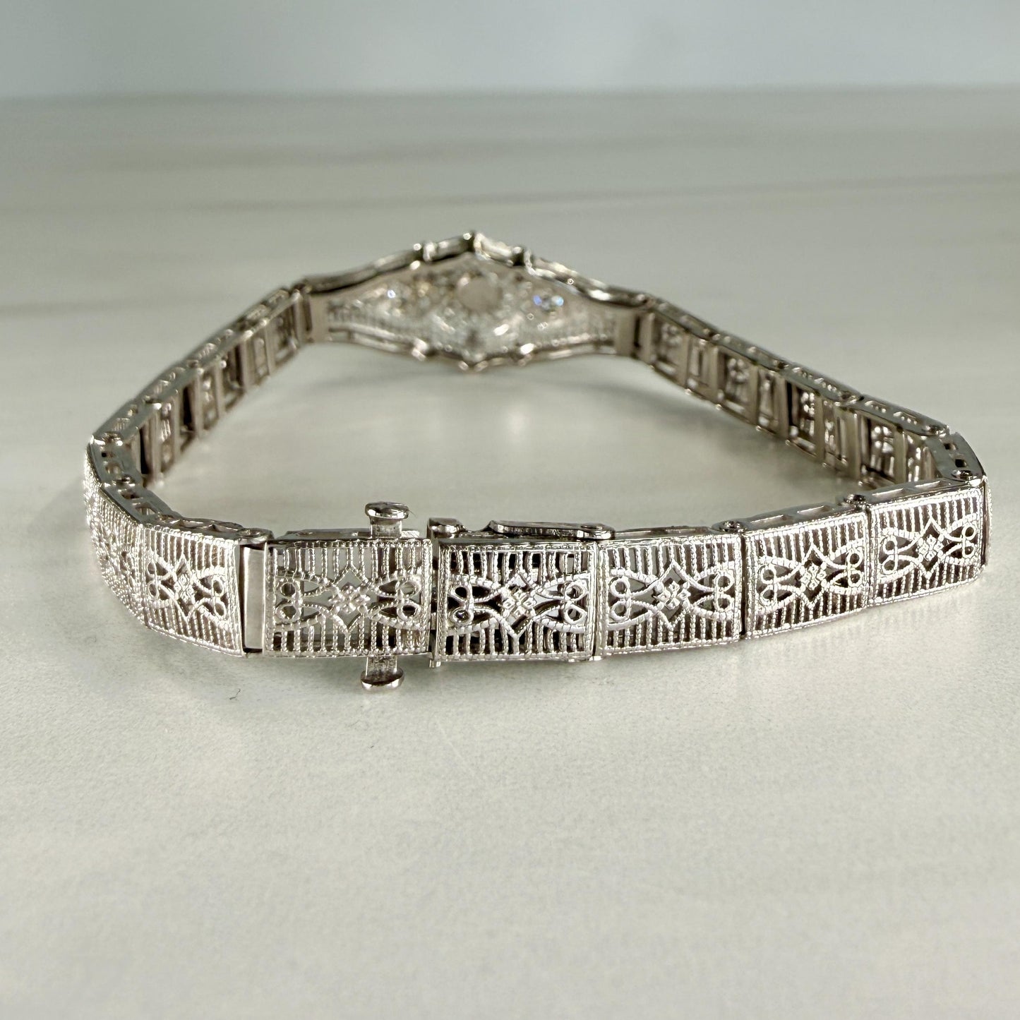 1930's Art Deco Filigree Turquoise and Old European Diamond Bracelet 14k WG