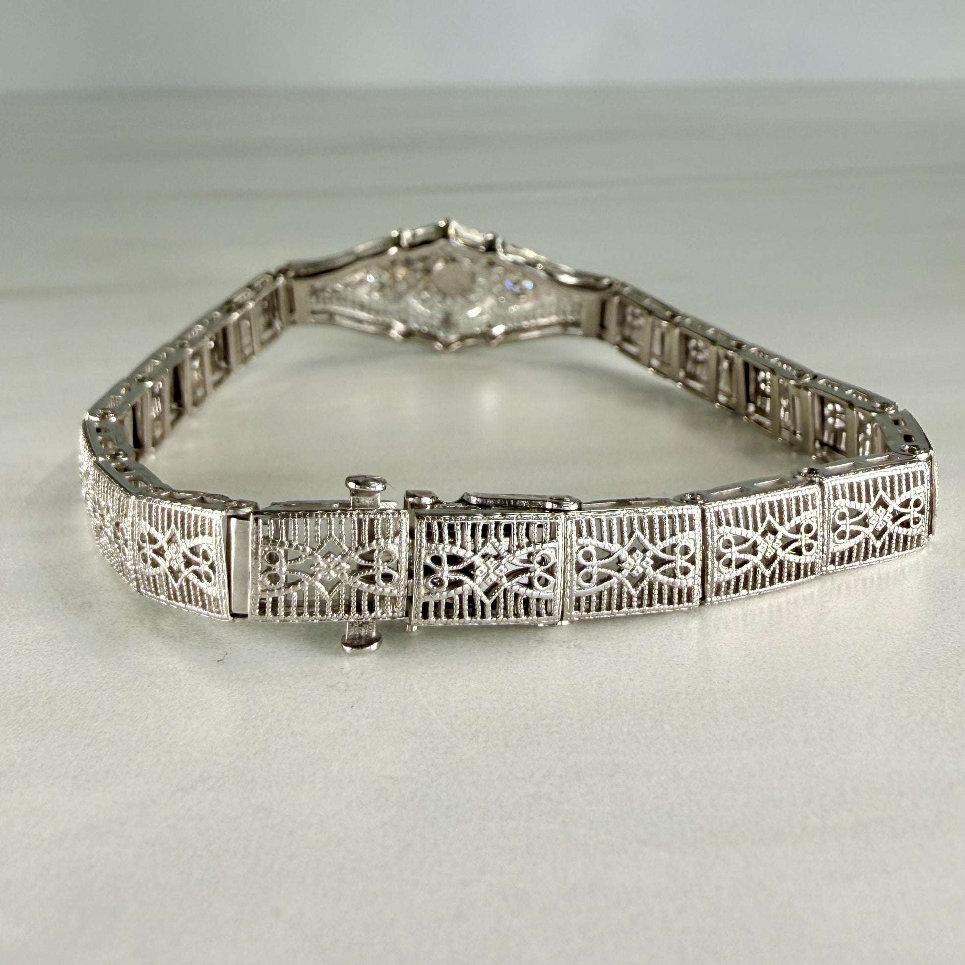 1930's Art Deco Filigree Turquoise and Old European Diamond Bracelet 14k WG