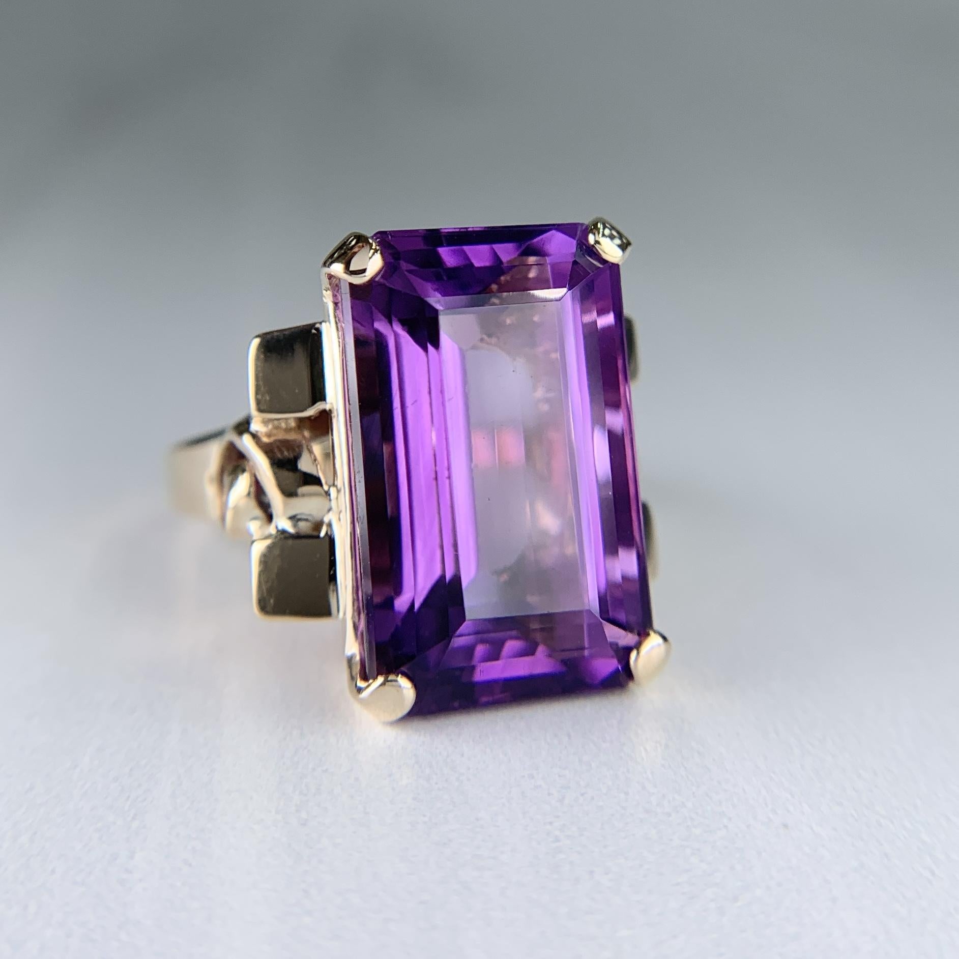 Vintage 1950's Retro Emerald Cut Amethyst Statement Ring 14k Yellow Gold
