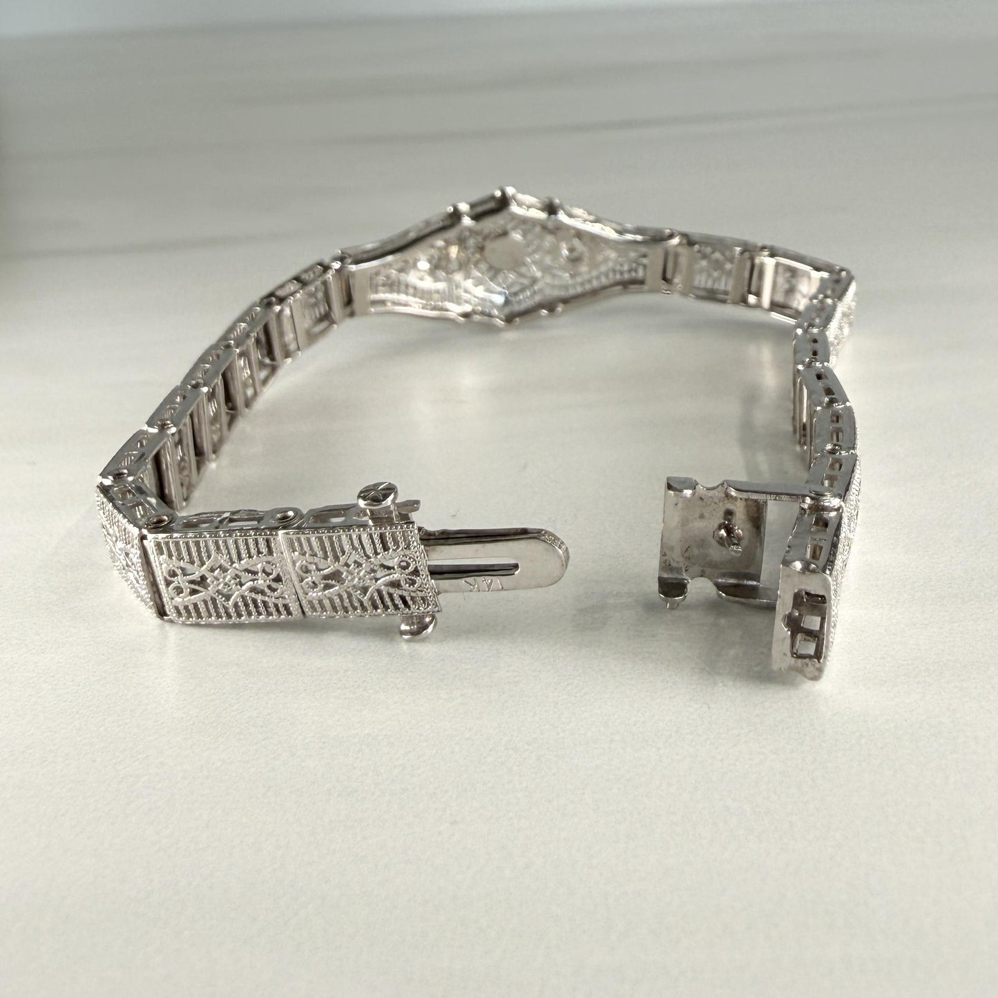 1930's Art Deco Filigree Turquoise and Old European Diamond Bracelet 14k WG