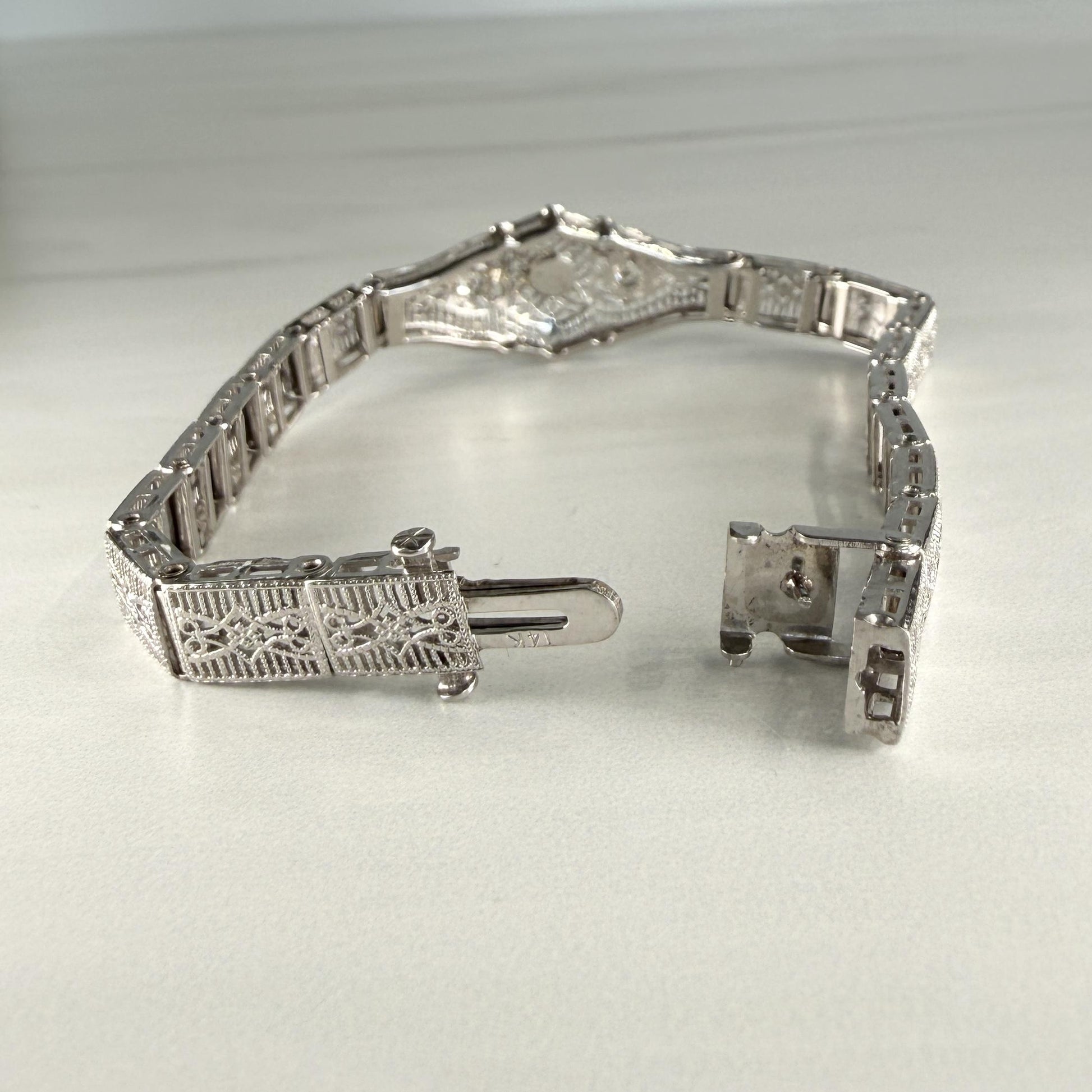 1930's Art Deco Filigree Turquoise and Old European Diamond Bracelet 14k WG