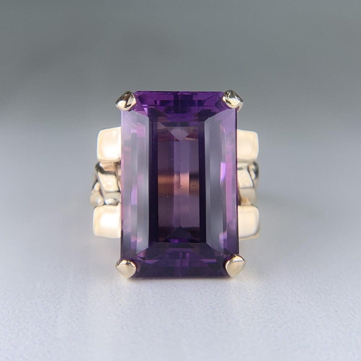 Vintage 1950's Retro Emerald Cut Amethyst Statement Ring 14k Yellow Gold