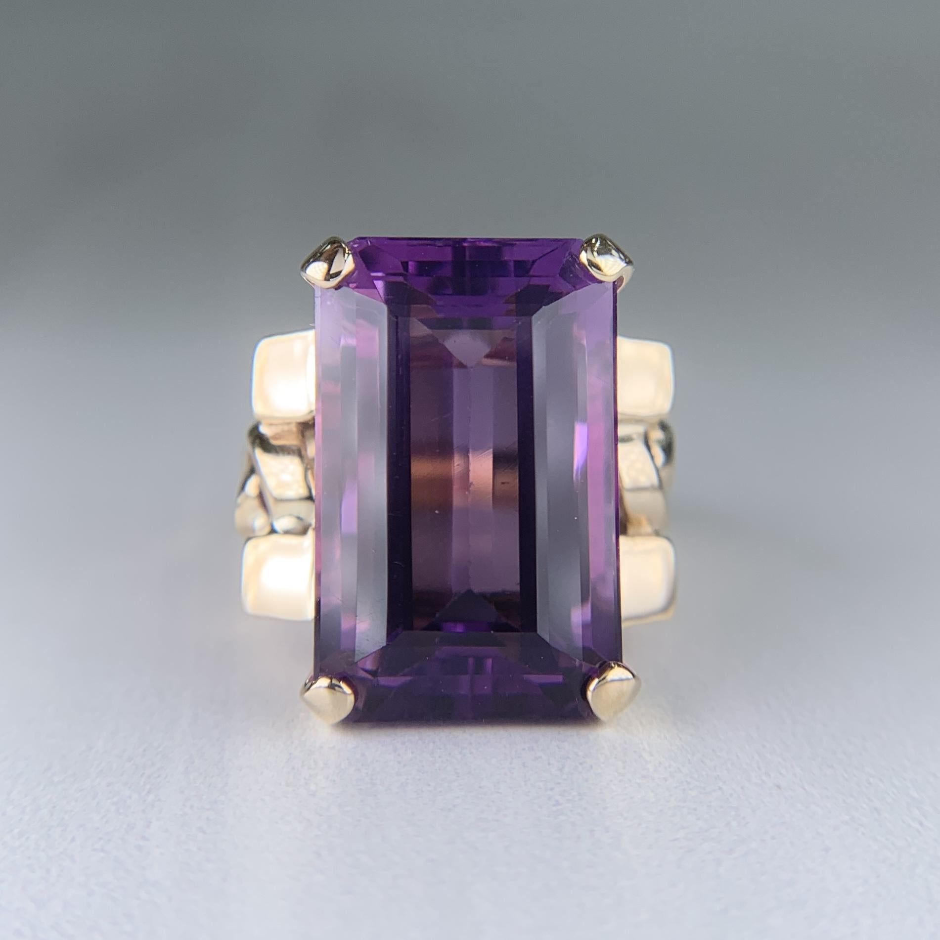 Vintage 1950's Retro Emerald Cut Amethyst Statement Ring 14k Yellow Gold