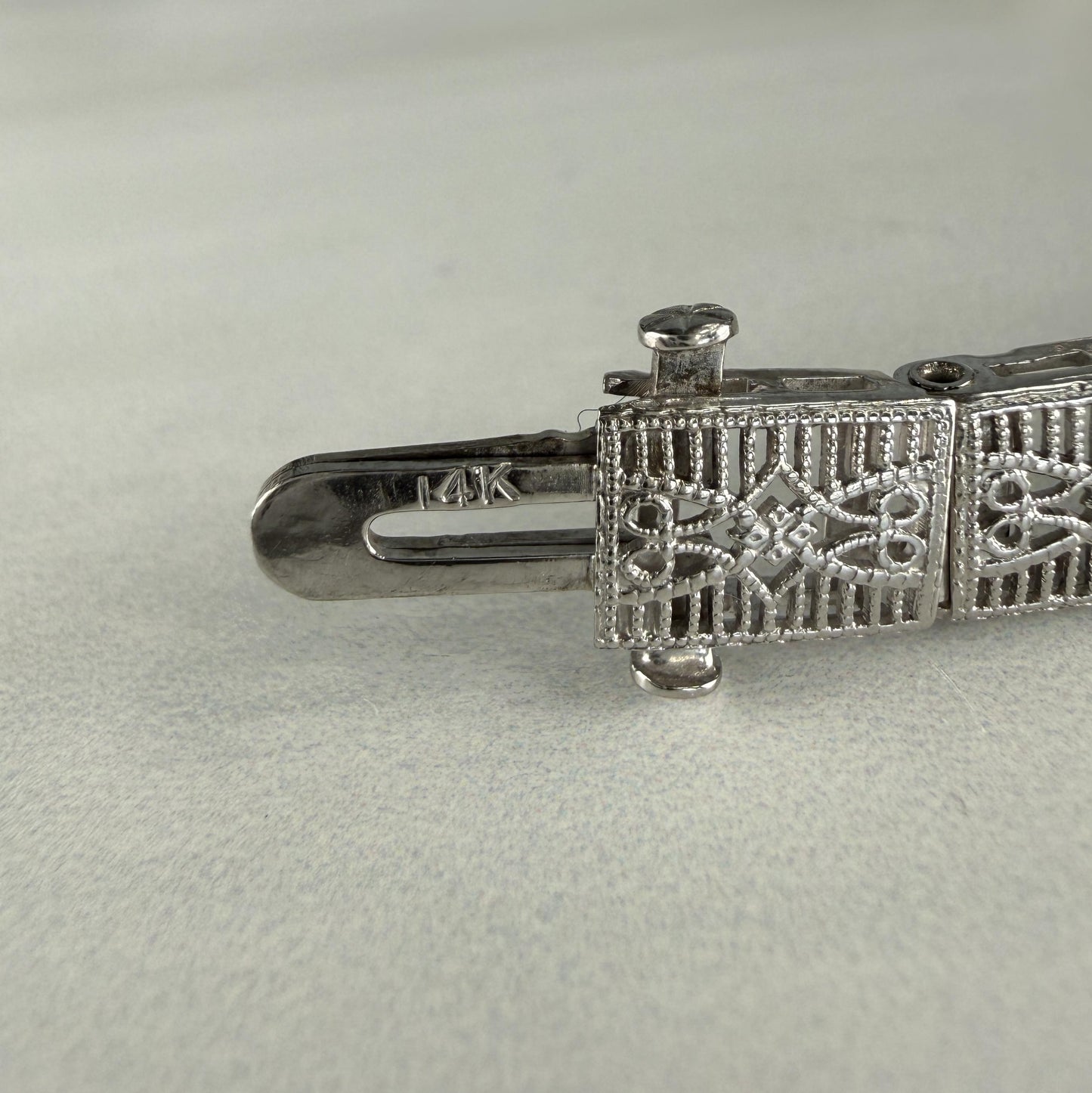 1930's Art Deco Filigree Turquoise and Old European Diamond Bracelet 14k WG