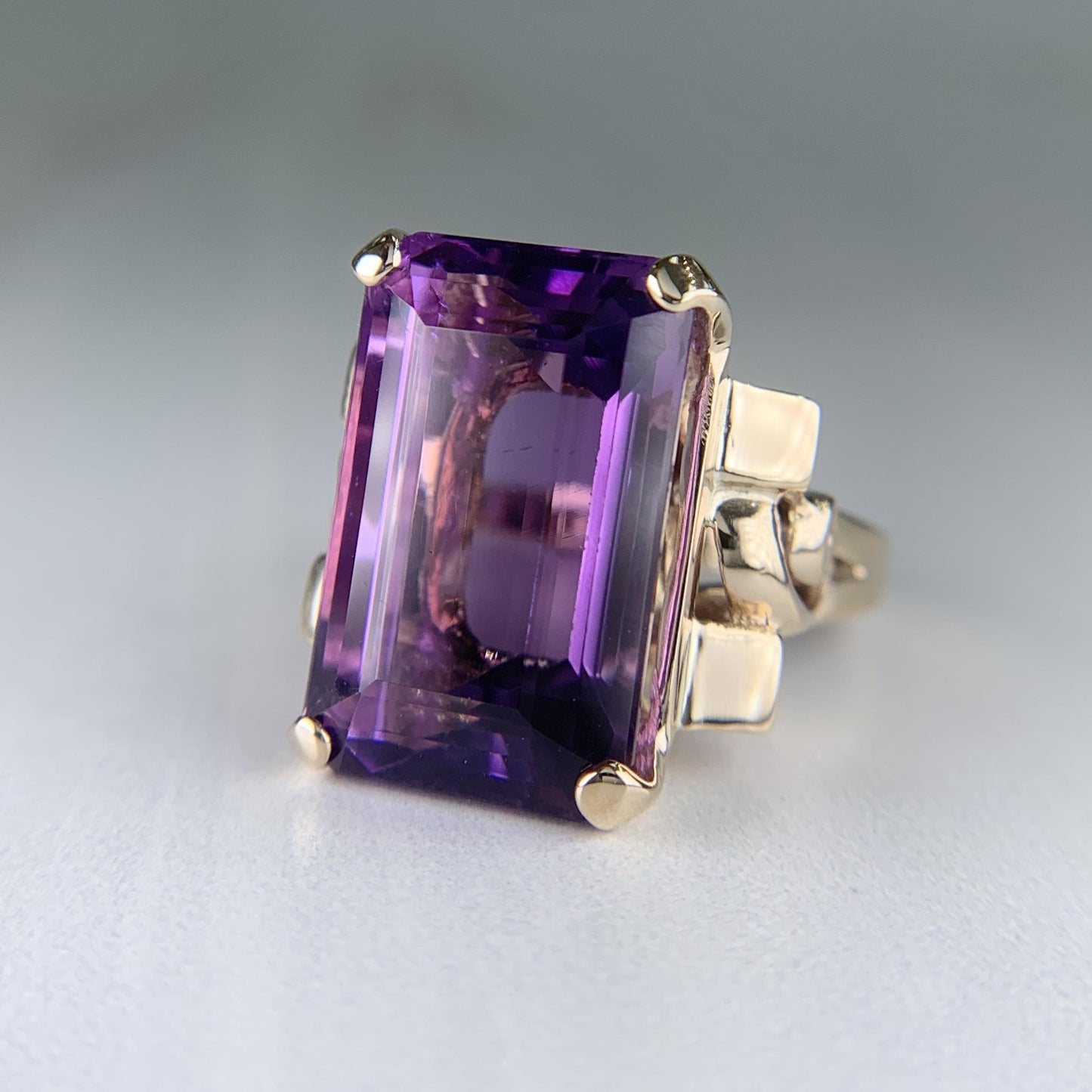 Vintage 1950's Retro Emerald Cut Amethyst Statement Ring 14k Yellow Gold