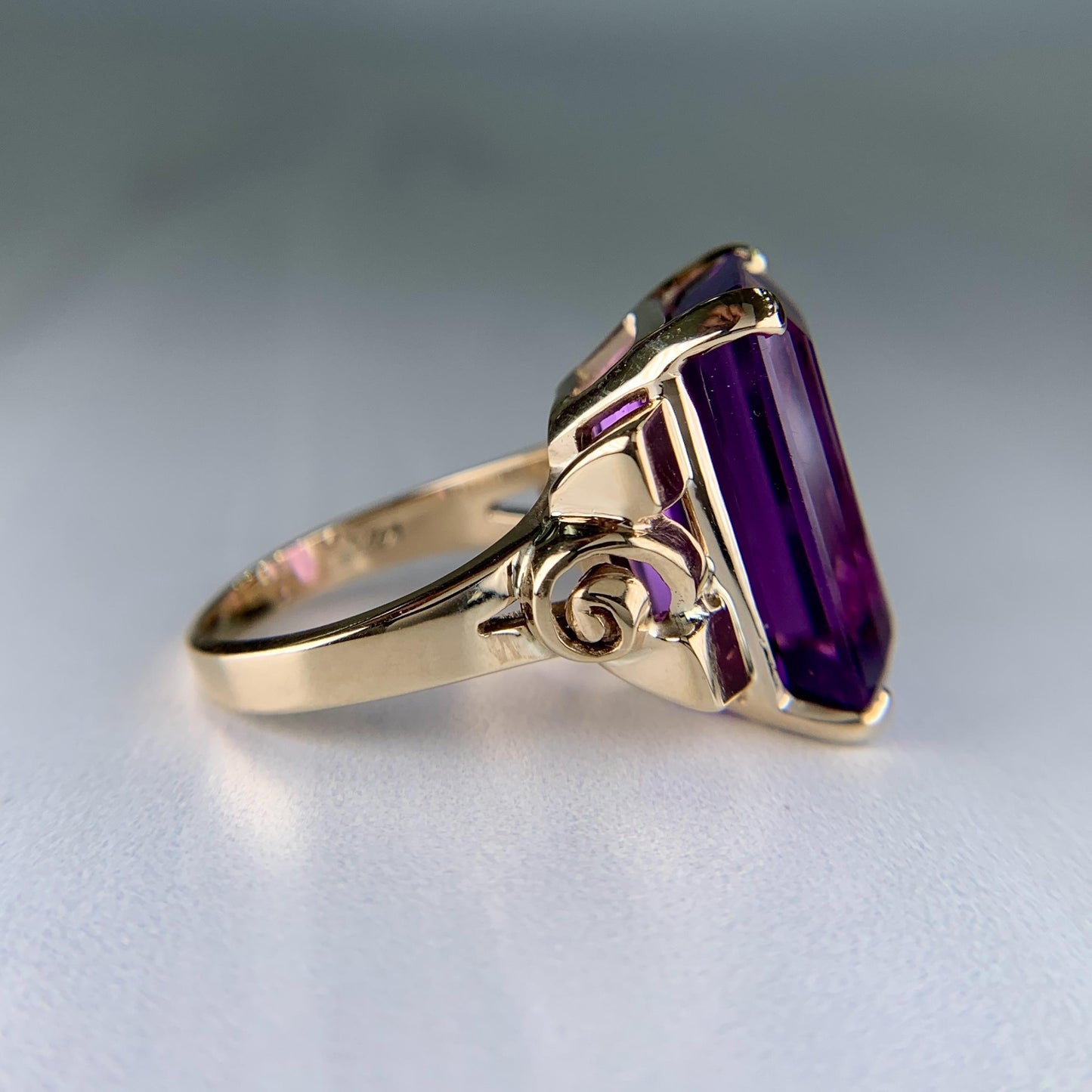 Vintage 1950's Retro Emerald Cut Amethyst Statement Ring 14k Yellow Gold