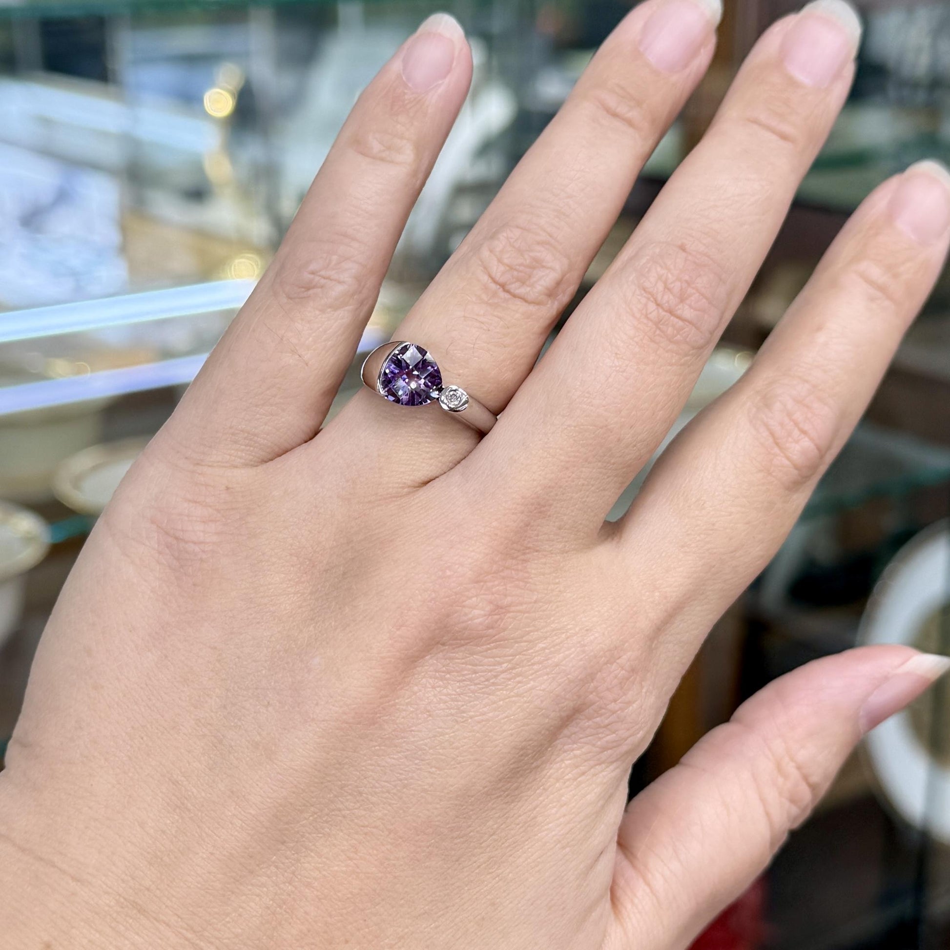 Checkerboard Cut Amethyst and Diamond Ring 14k White Gold