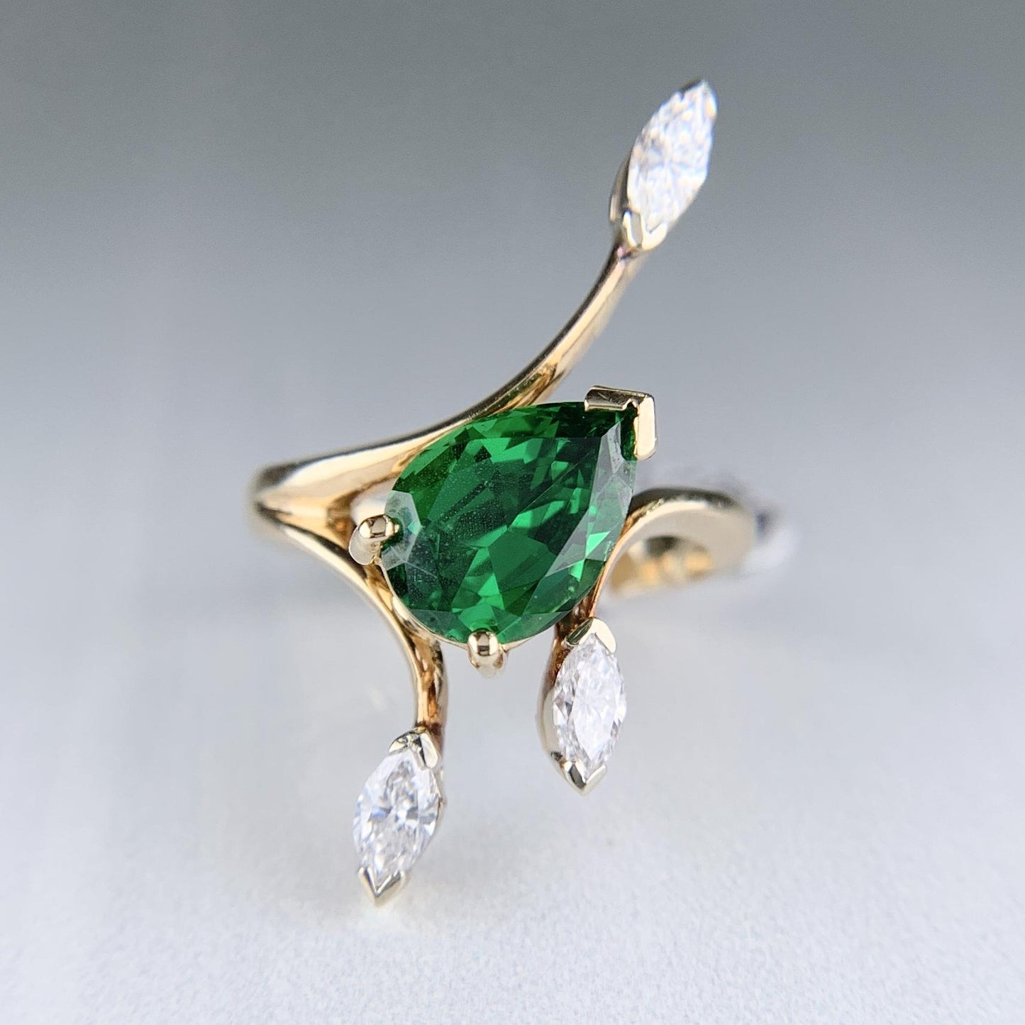 Vintage Tsavorite and Marquise Diamond Ring 14k Yellow Gold
