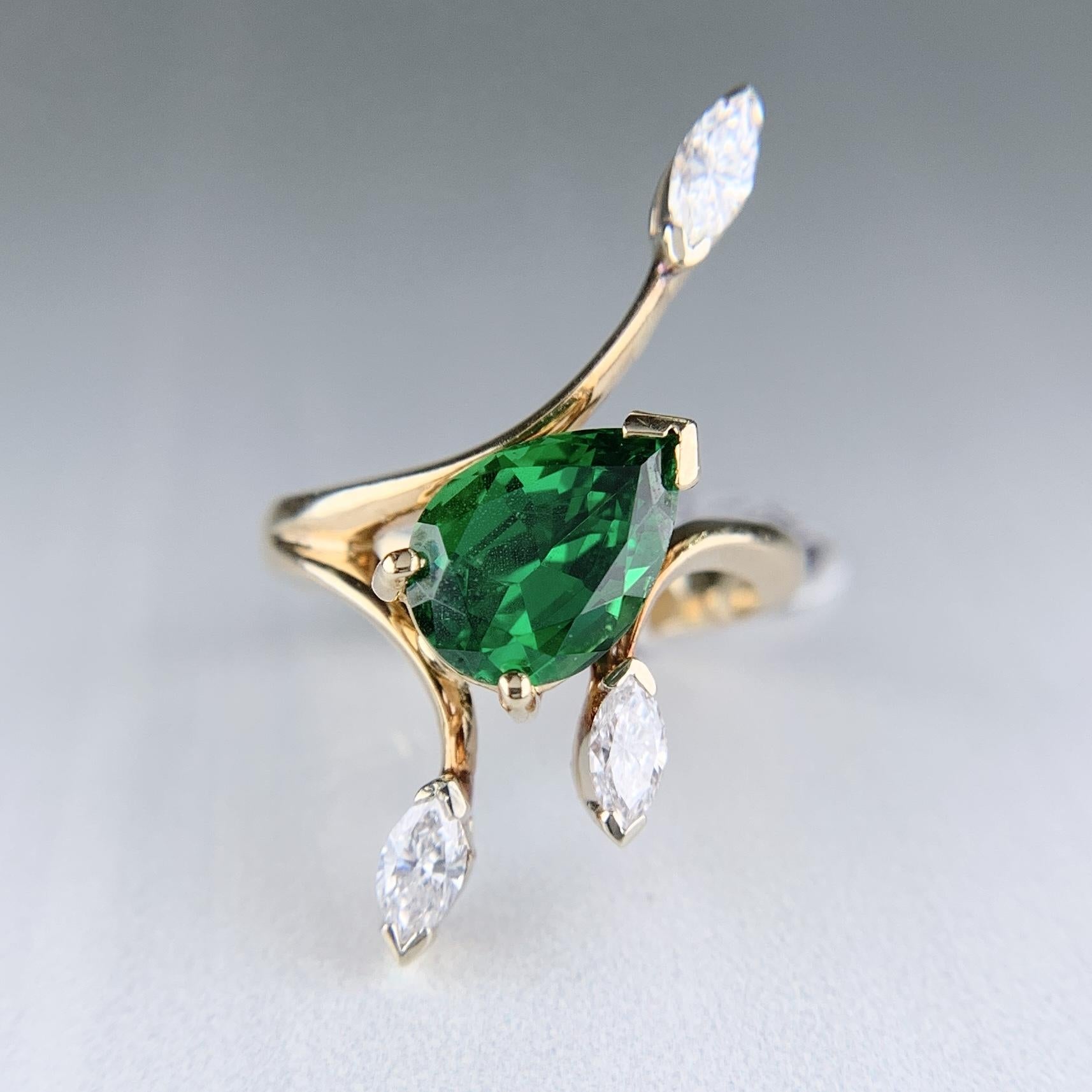 Vintage Tsavorite and Marquise Diamond Ring 14k Yellow Gold